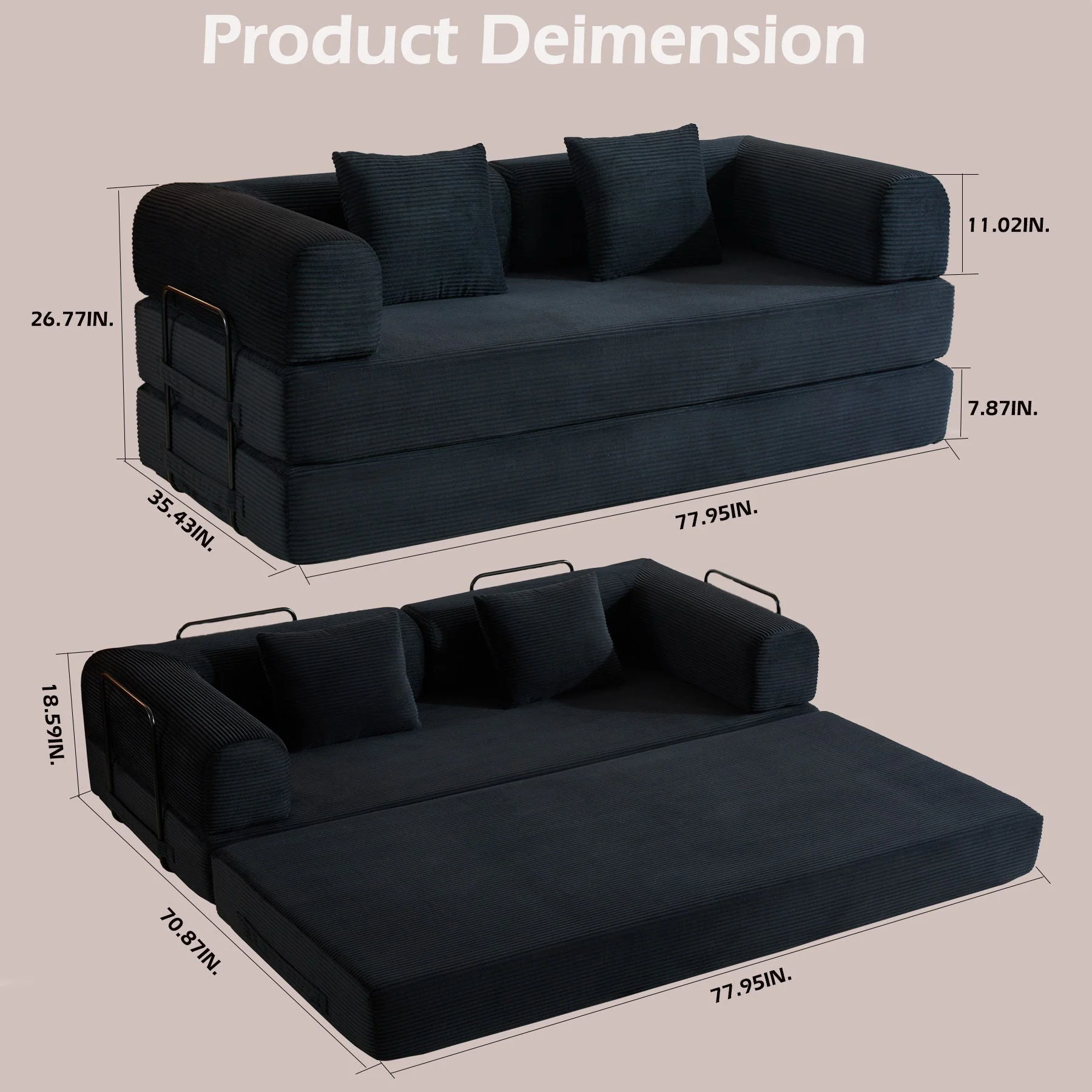 Convertible Sleeper Sofa Bed With Cylindrical Pillow, With Fixed Shape Frame - Image 12