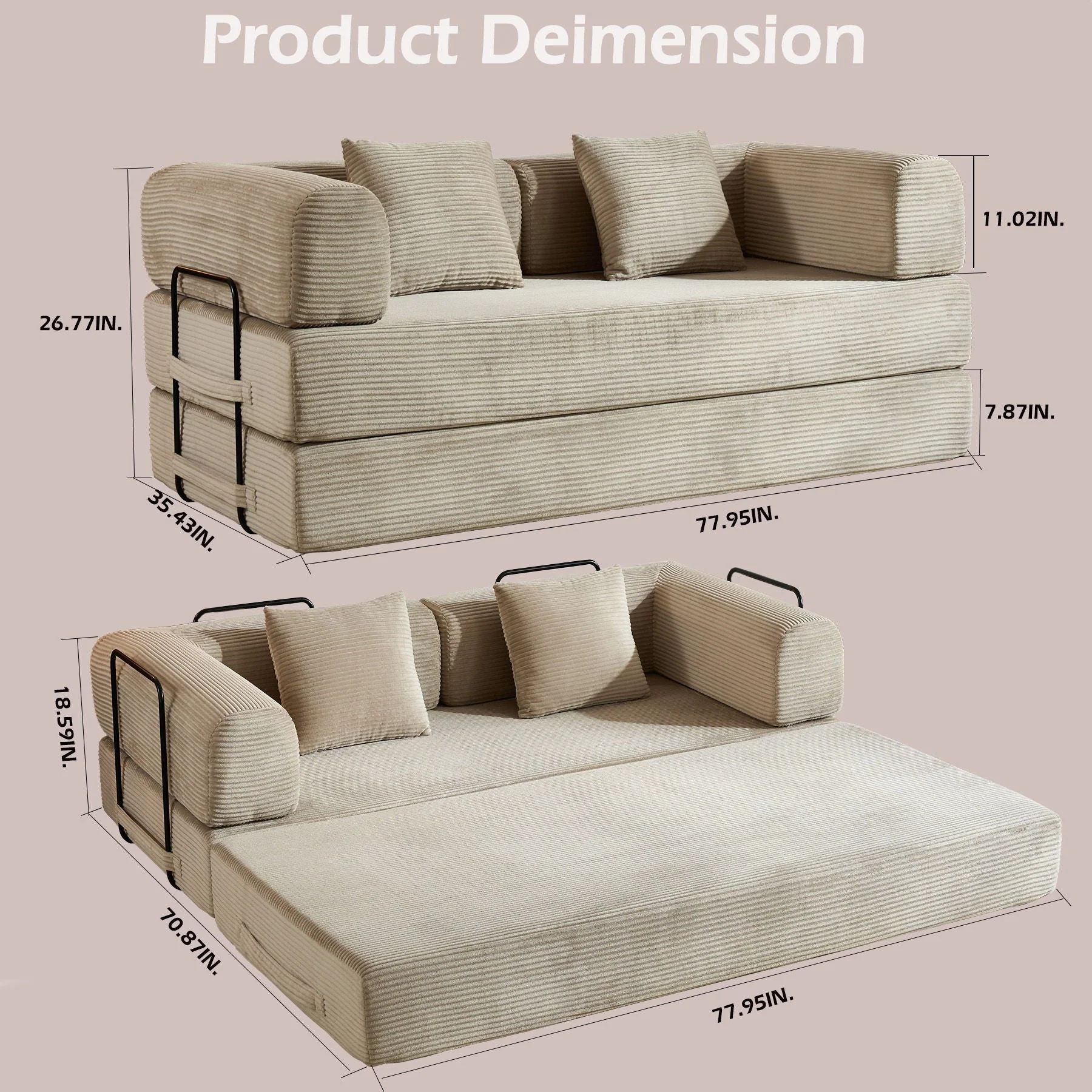 Convertible Sleeper Sofa Bed With Cylindrical Pillow, With Fixed Shape Frame - Image 6