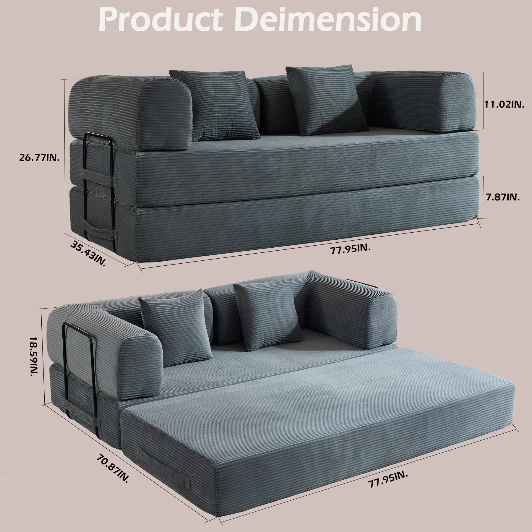 Convertible Sleeper Sofa Bed With Cylindrical Pillow, With Fixed Shape Frame - Image 8
