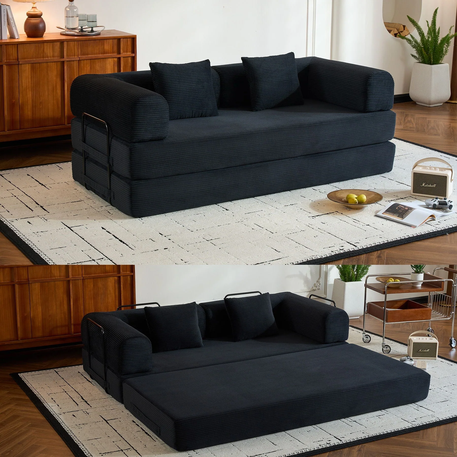 Convertible Sleeper Sofa Bed With Cylindrical Pillow, With Fixed Shape Frame - Image 9