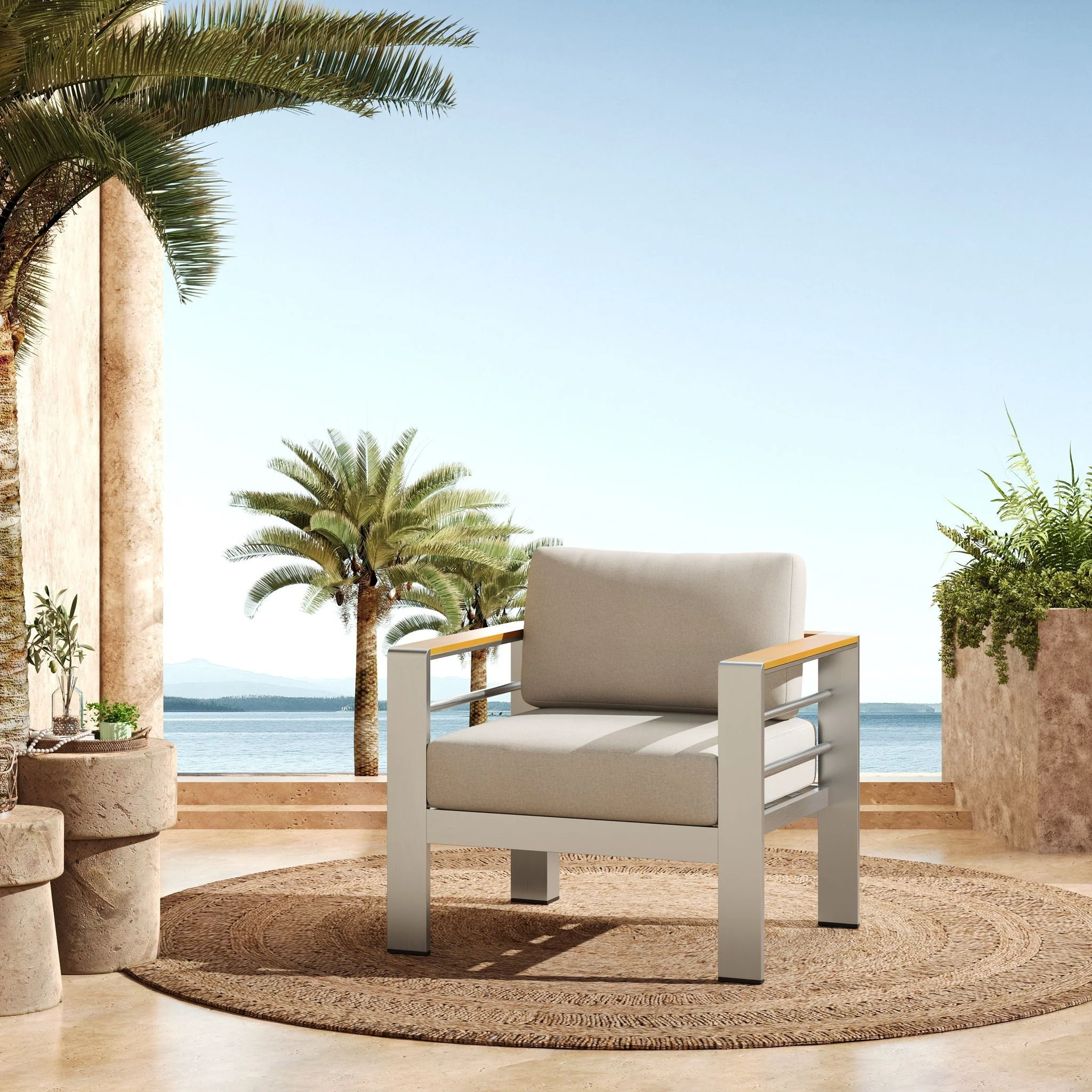 Cora Outdoor Aluminum Club Chair - Silver / Beige - Image 3