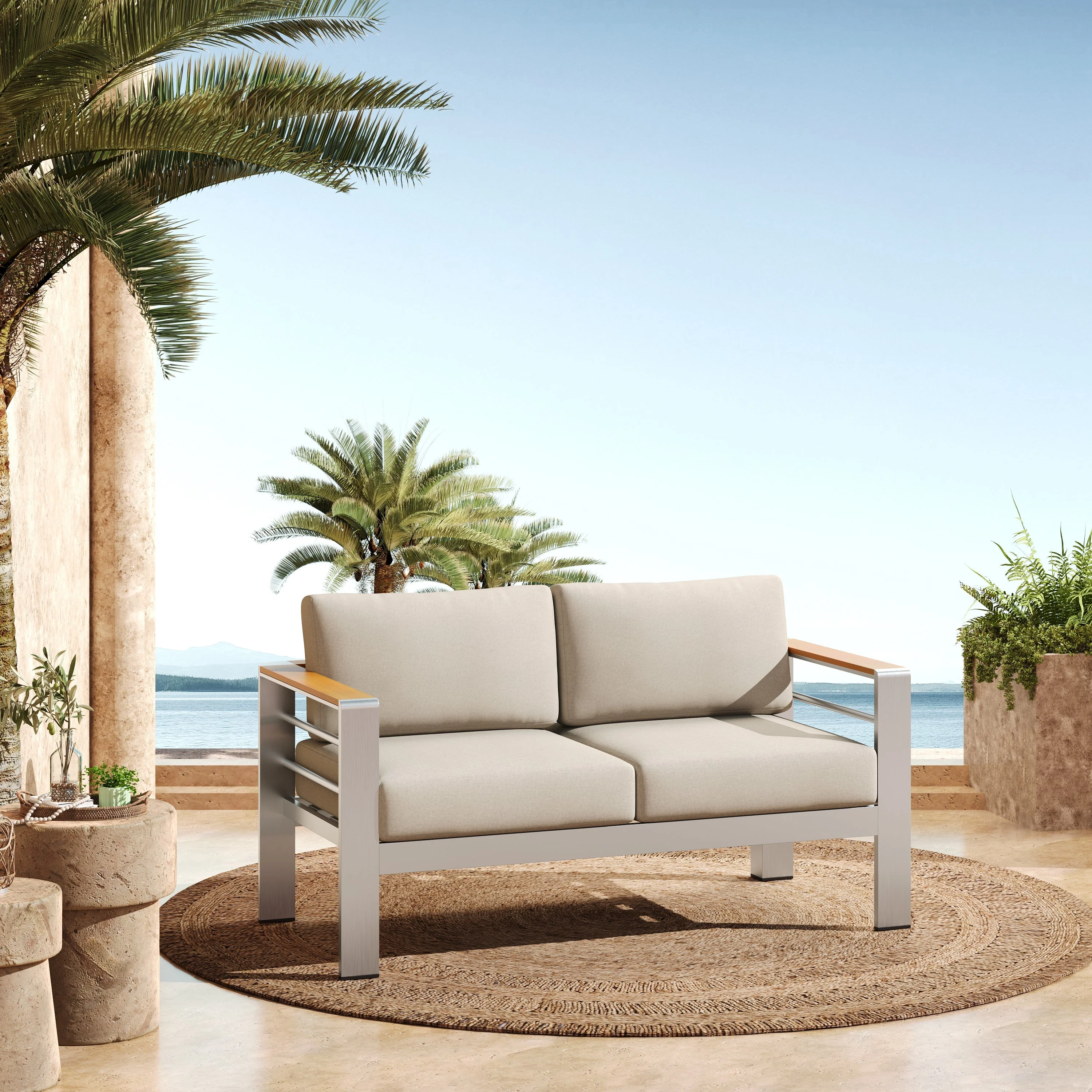 Cora Outdoor Aluminum Loveseat, Silver Frame with Beige Cushion