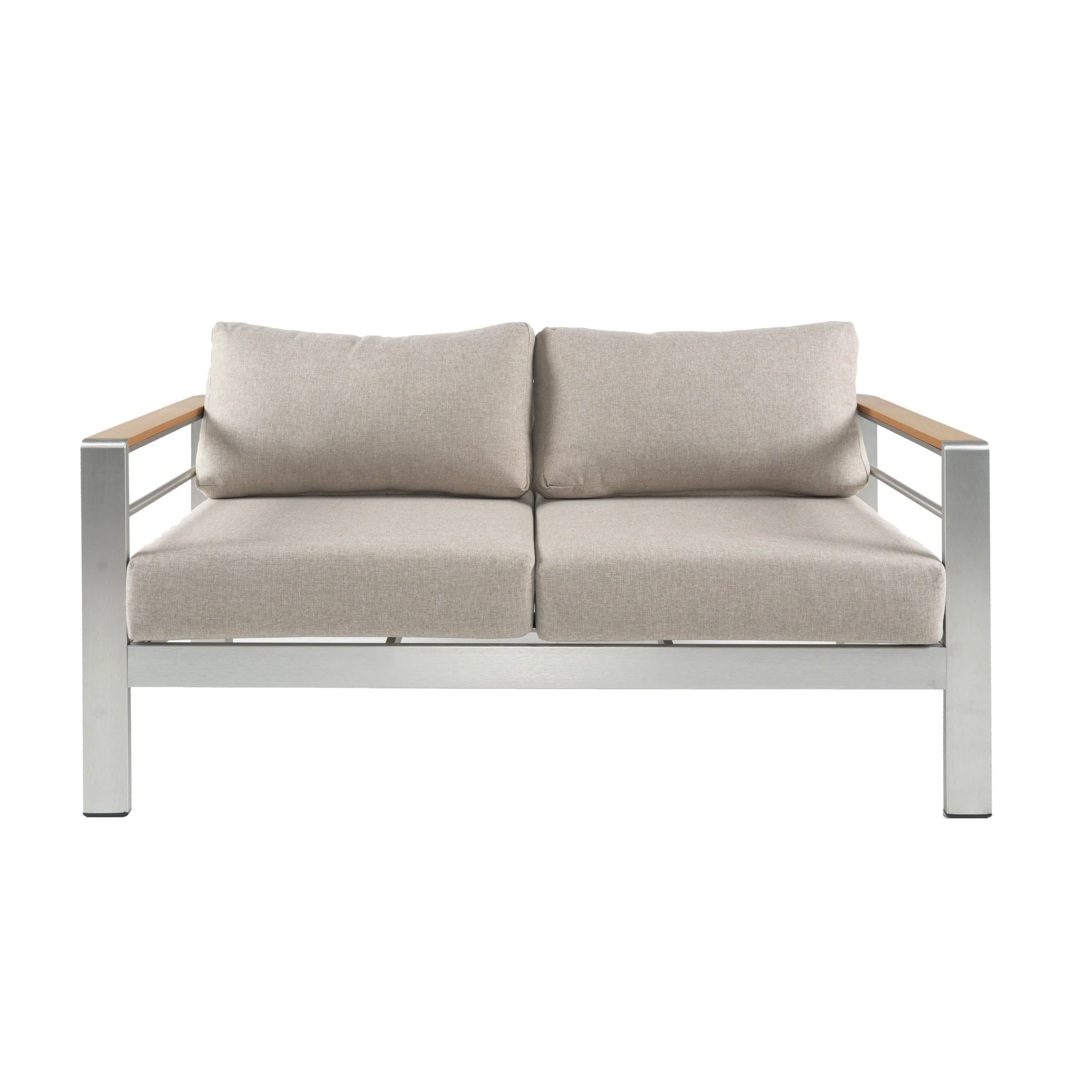 Cora Outdoor Aluminum Loveseat, Silver Frame with Beige Cushion - Image 2