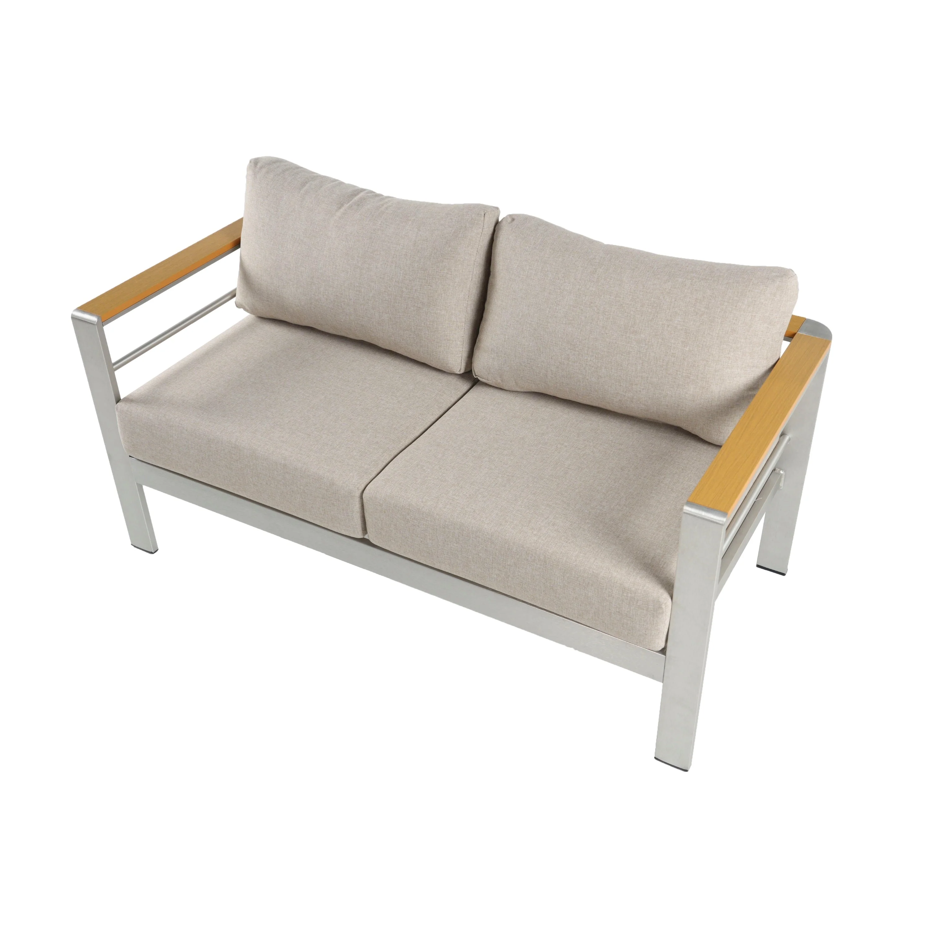 Cora Outdoor Aluminum Loveseat, Silver Frame with Beige Cushion - Image 3