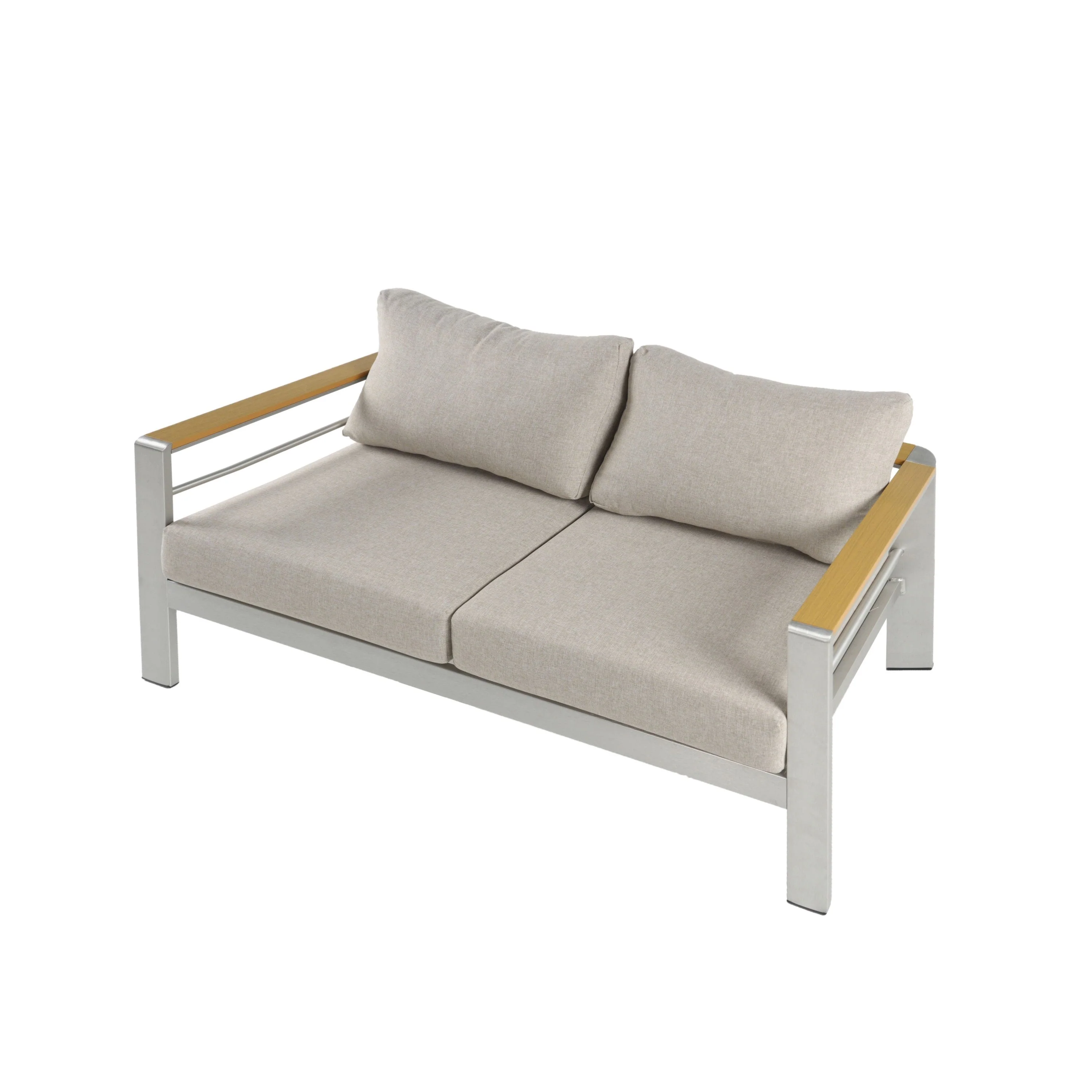 Cora Outdoor Aluminum Loveseat, Silver Frame with Beige Cushion - Image 4