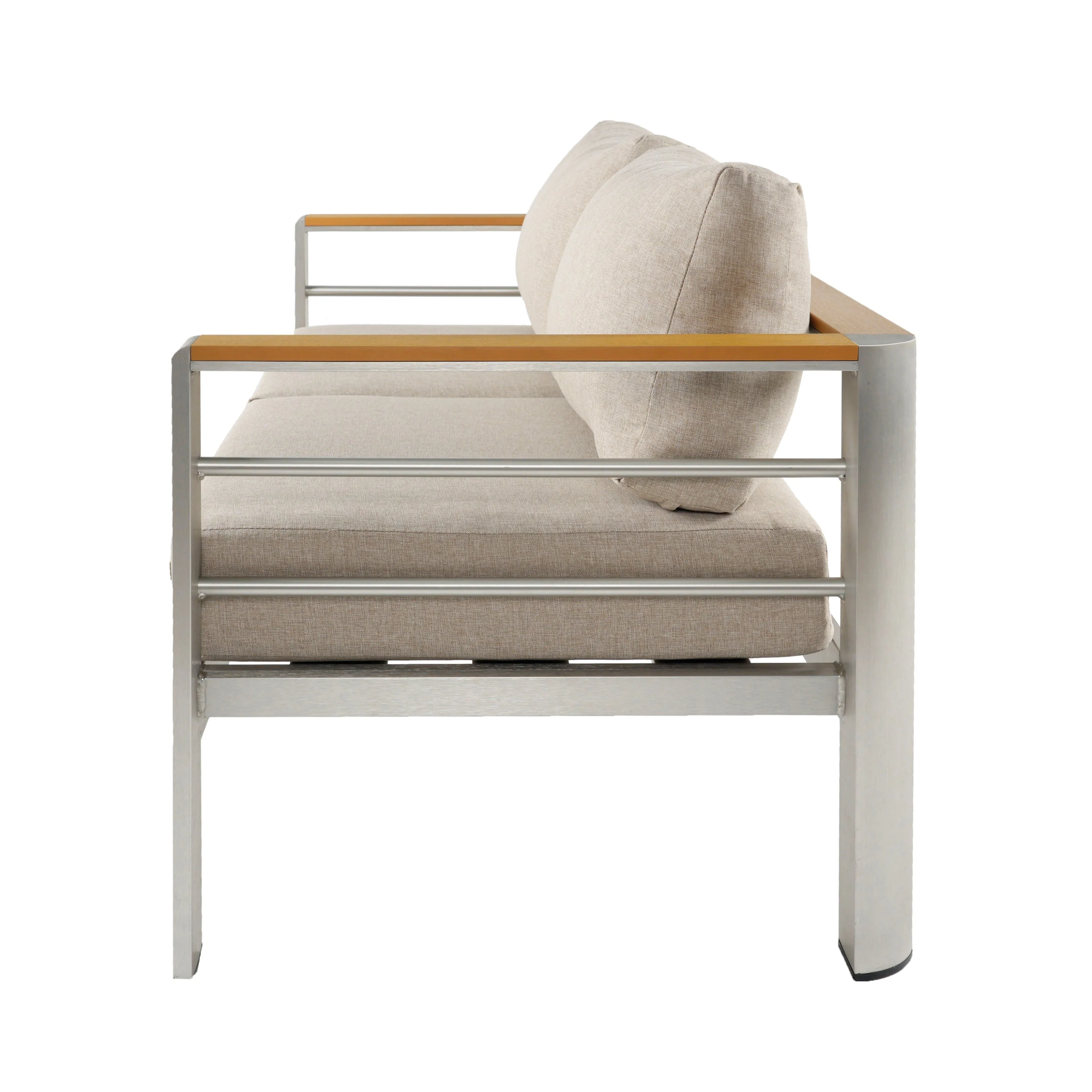 Cora Outdoor Aluminum Loveseat, Silver Frame with Beige Cushion - Image 6