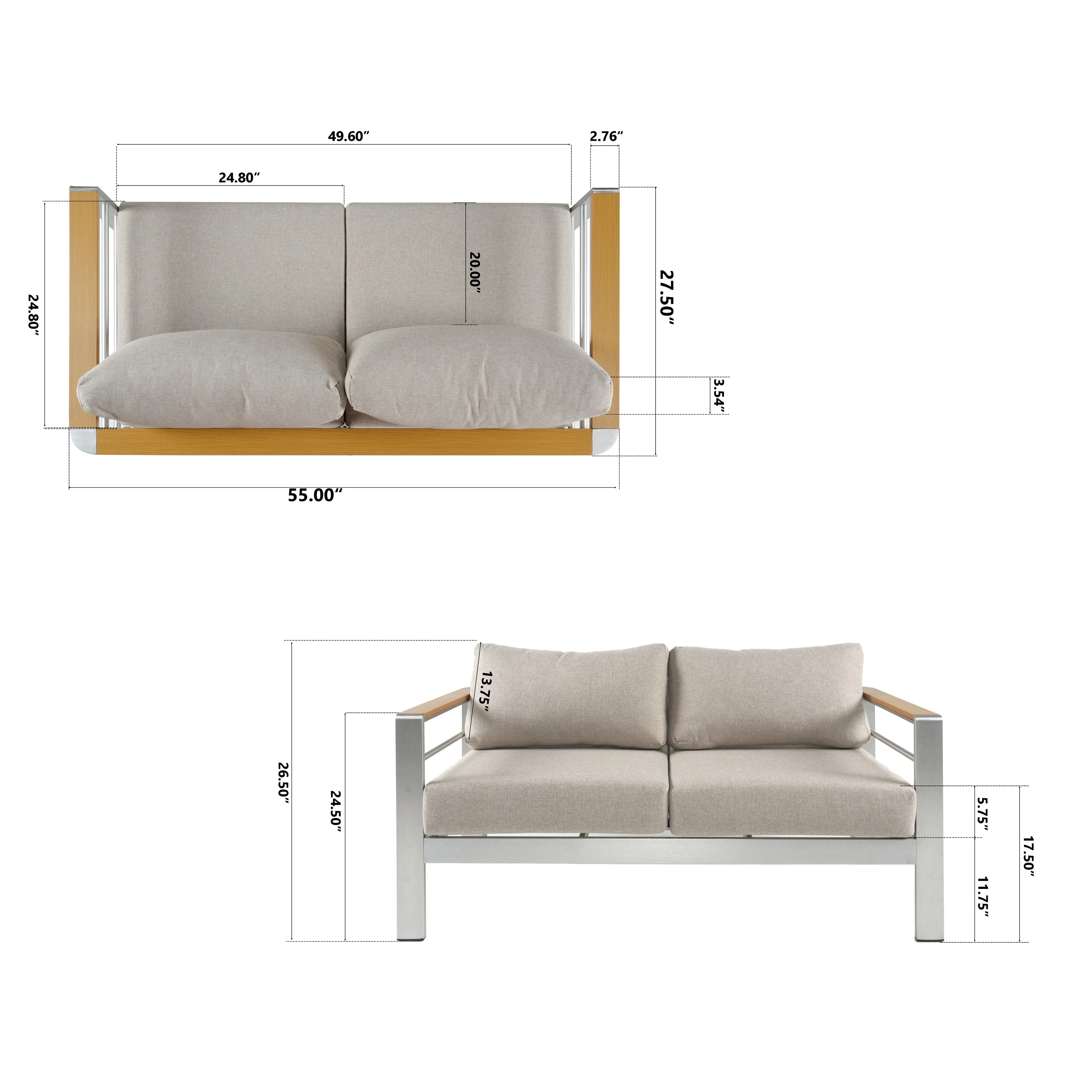 Cora Outdoor Aluminum Loveseat, Silver Frame with Beige Cushion - Image 8
