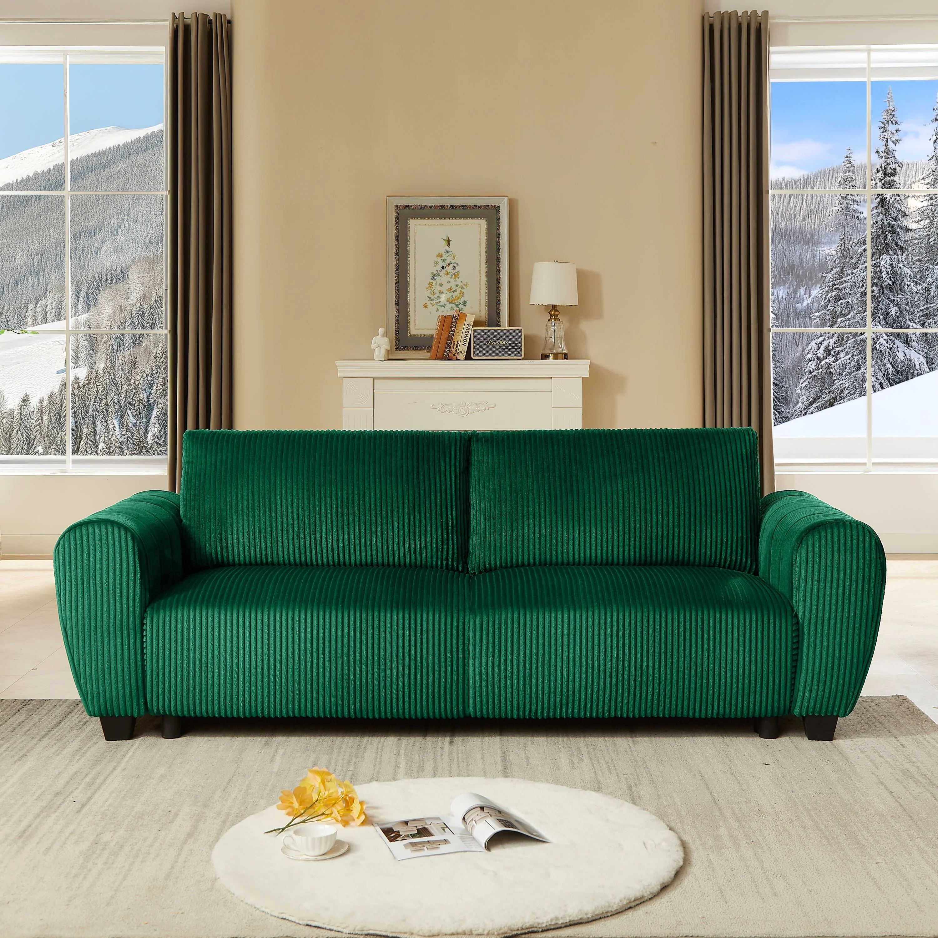 Corduroy Upholstered 3 Seat Sofa Couch 2-in-1 Convertible Green - Image 2