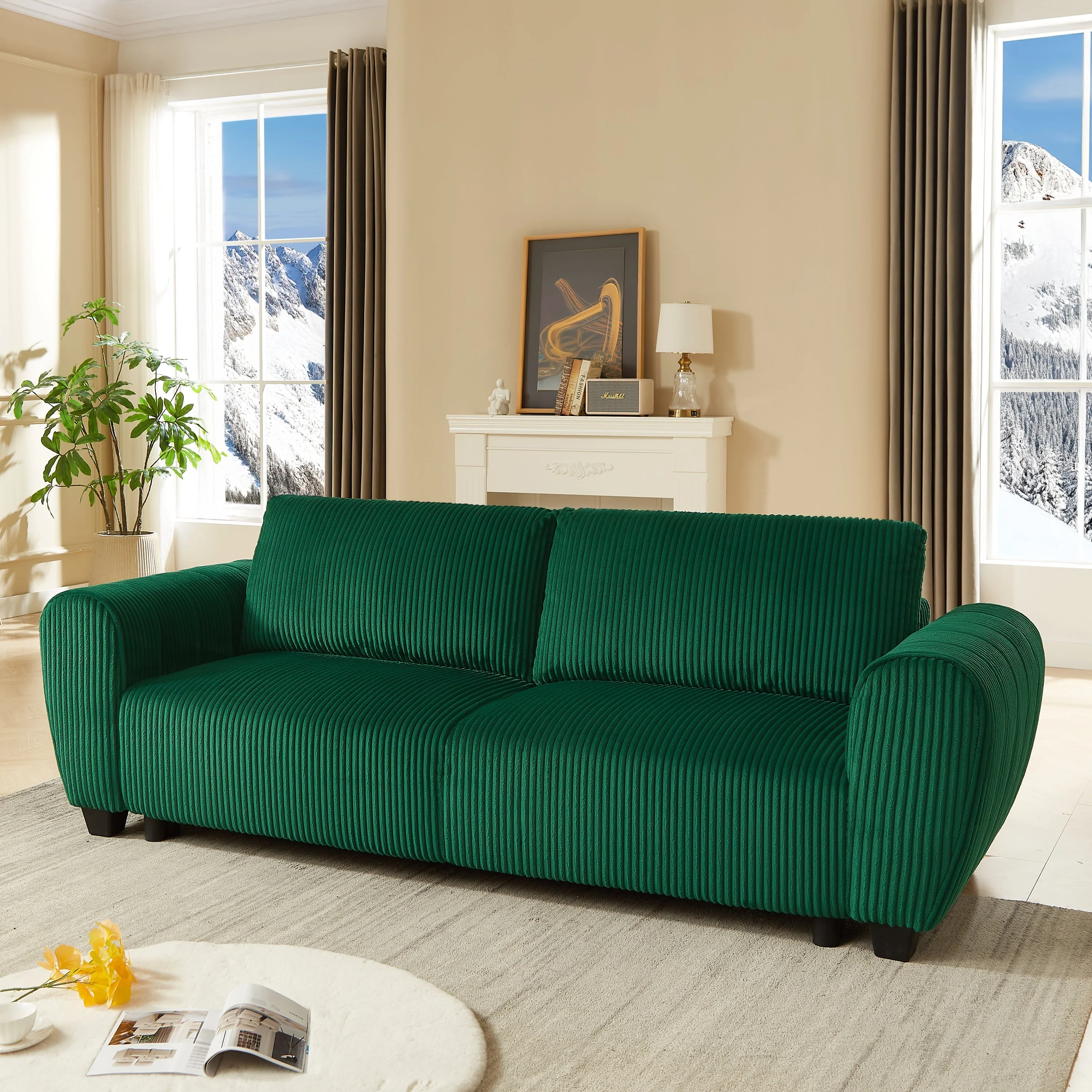 Corduroy Upholstered 3 Seat Sofa Couch 2-in-1 Convertible Green - Image 3
