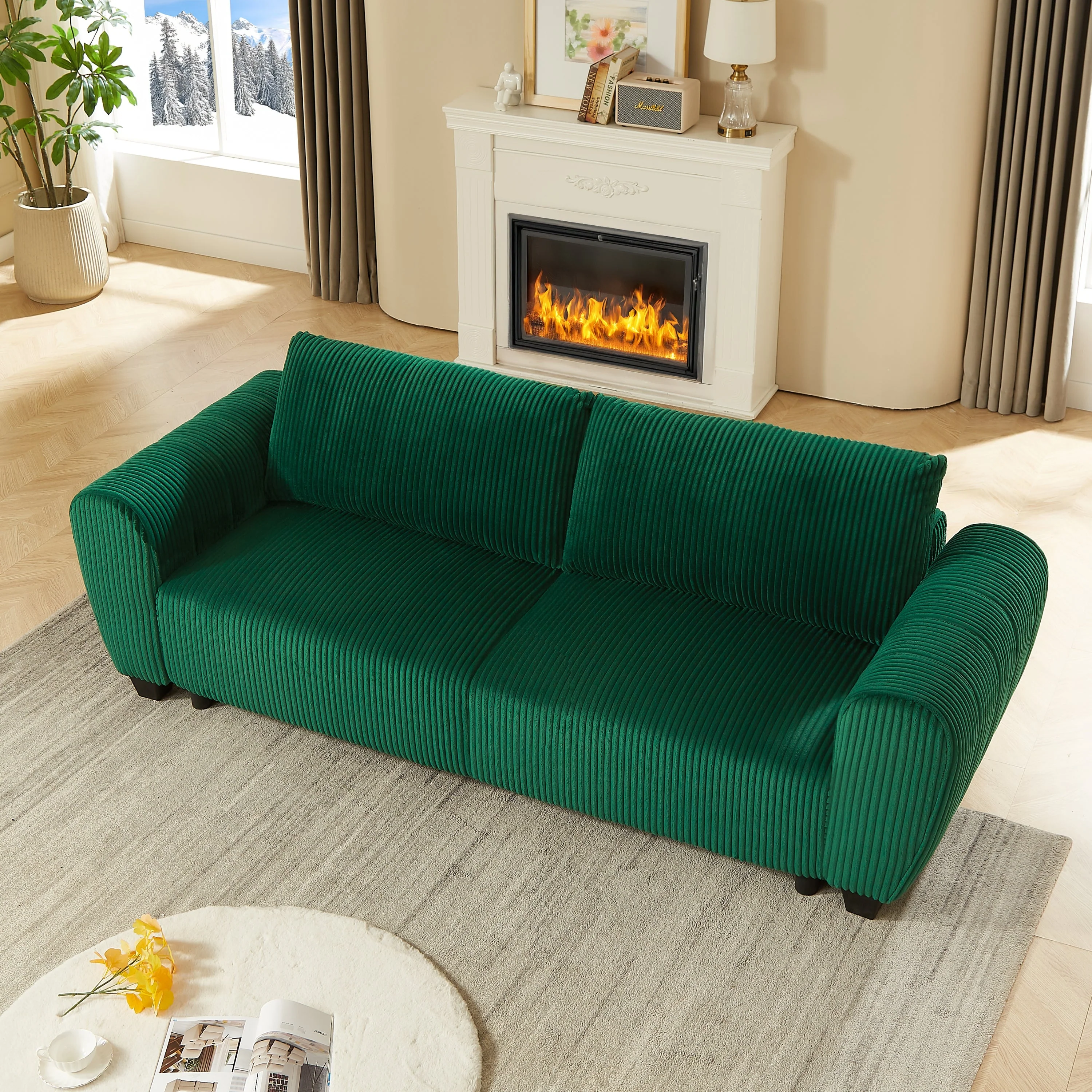 Corduroy Upholstered 3 Seat Sofa Couch 2-in-1 Convertible Green - Image 4
