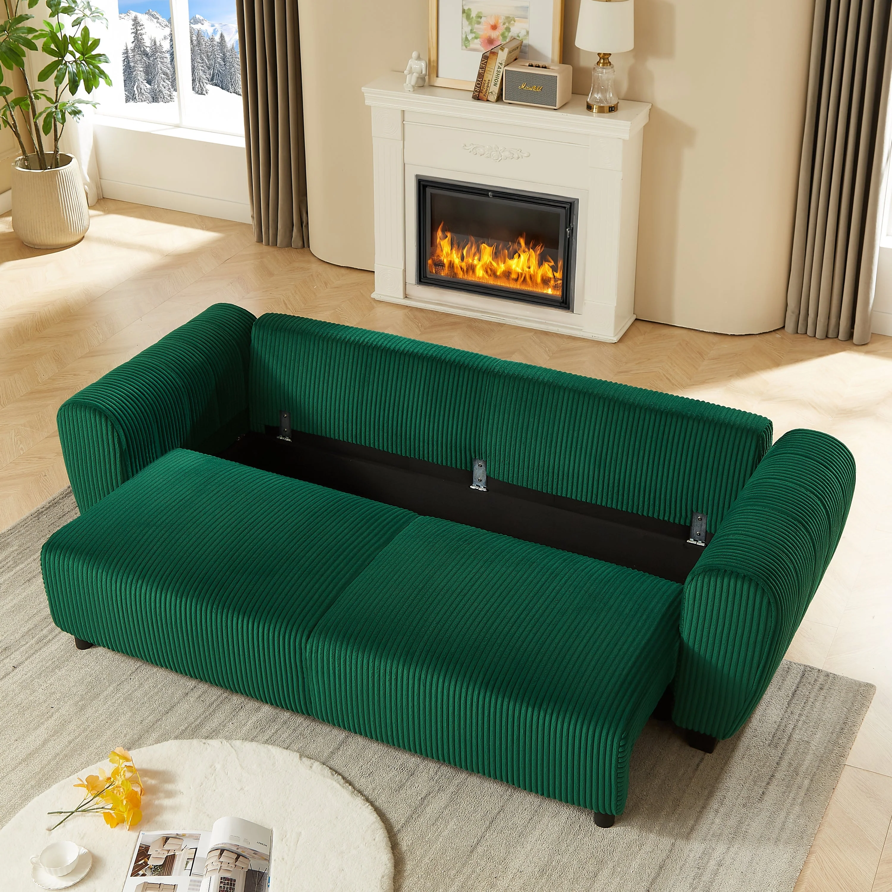 Corduroy Upholstered 3 Seat Sofa Couch 2-in-1 Convertible Green - Image 5