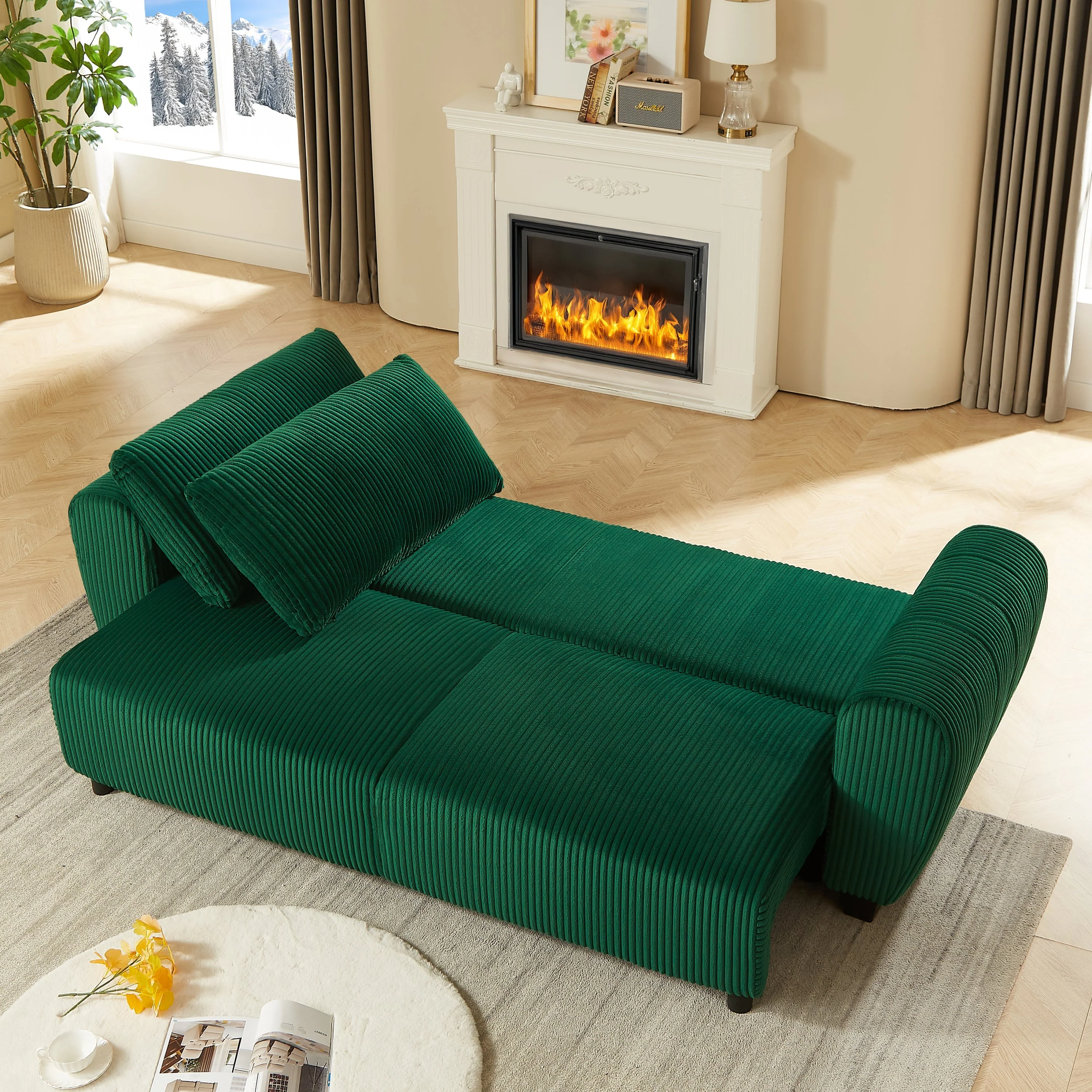 Corduroy Upholstered 3 Seat Sofa Couch 2-in-1 Convertible Green - Image 6