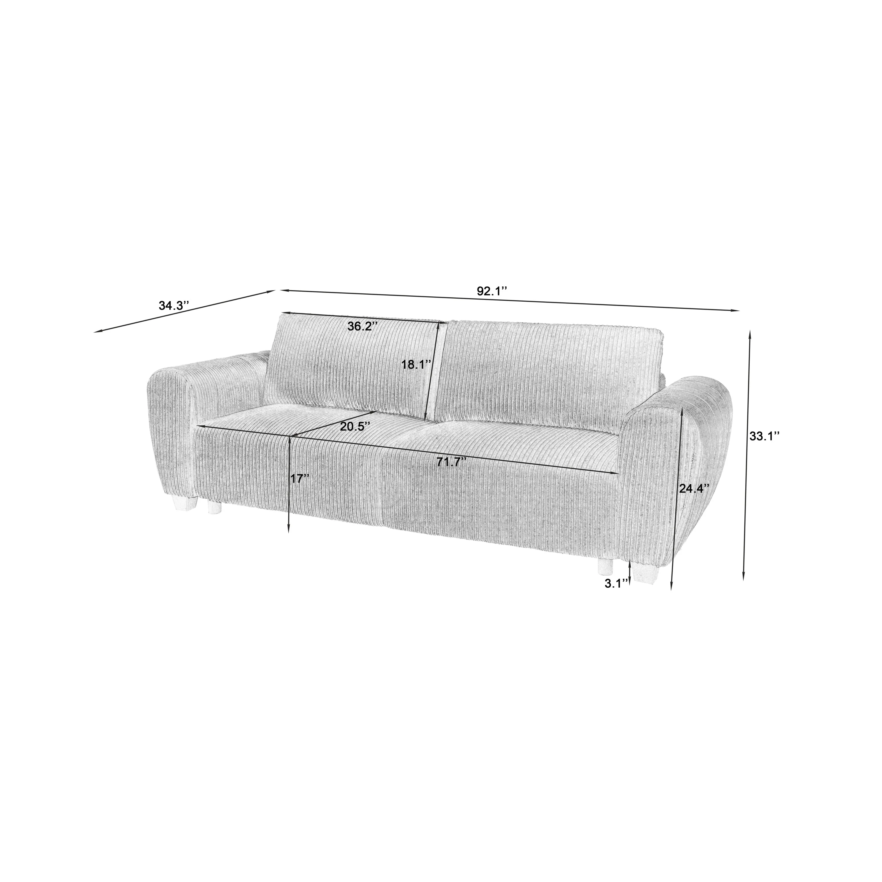 Corduroy Upholstered 3 Seat Sofa Couch 2-in-1 Convertible Green - Image 8
