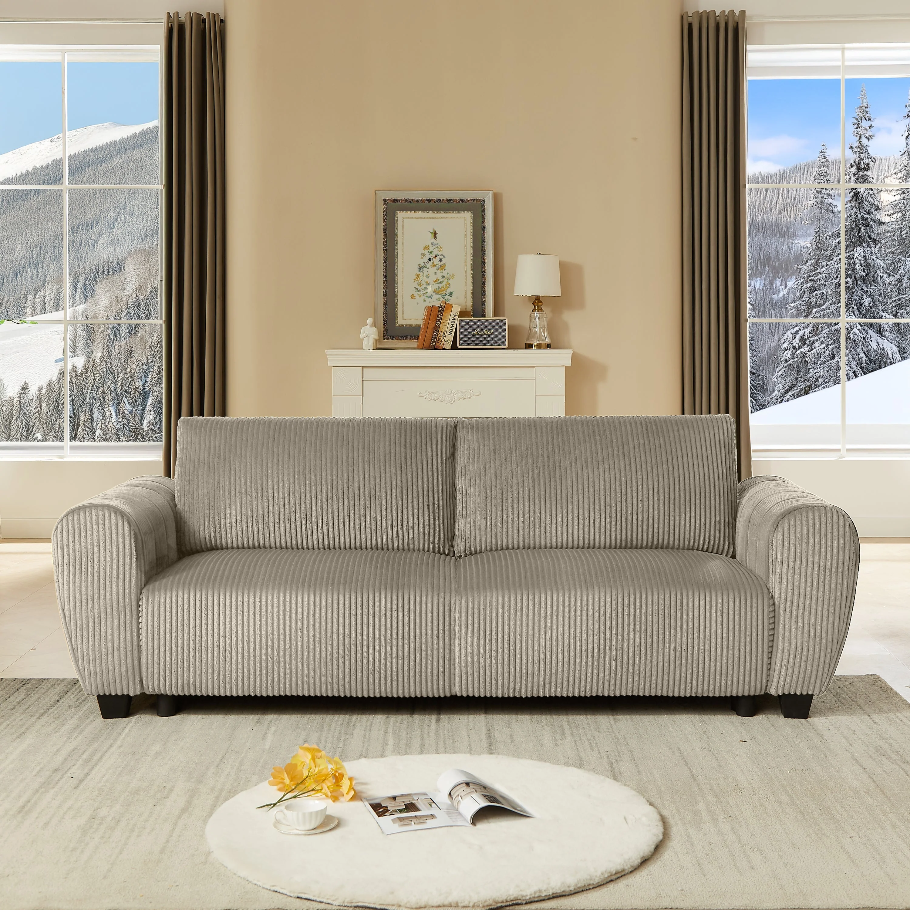 Corduroy Upholstered 3-Seat Sofa Couch 2-in-1 Convertible Sleeper Sofa Light Brown - Image 2