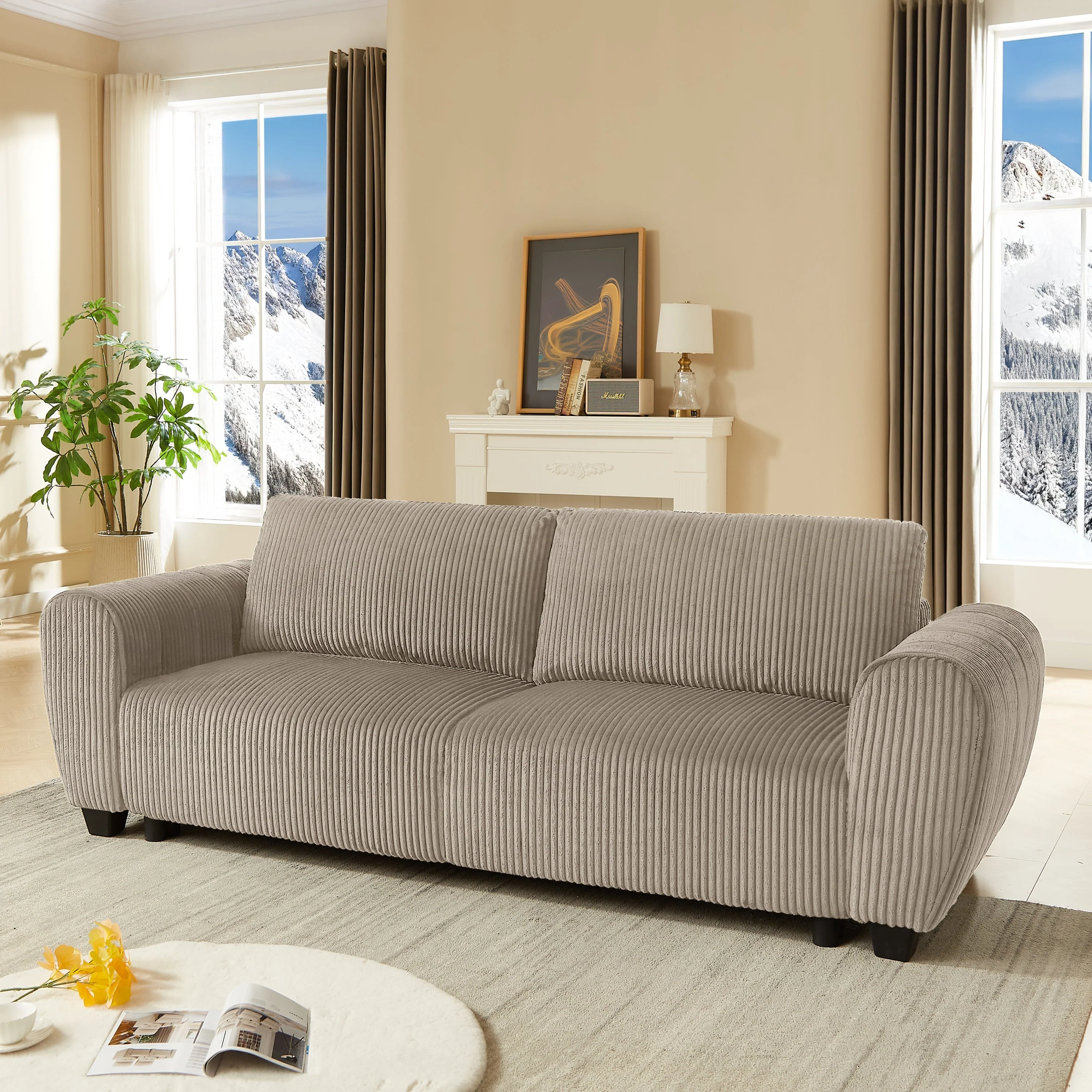 Corduroy Upholstered 3-Seat Sofa Couch 2-in-1 Convertible Sleeper Sofa Light Brown - Image 3