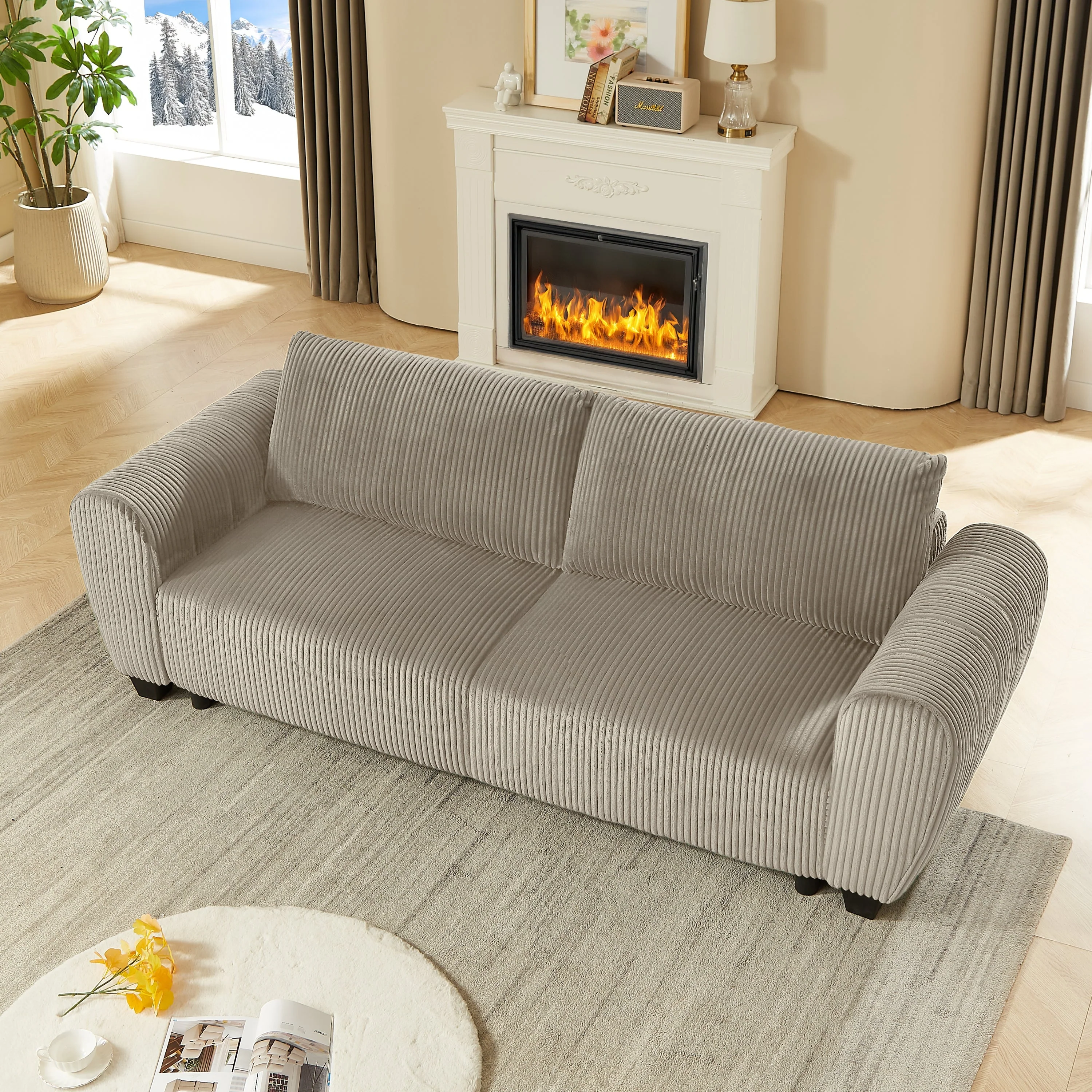 Corduroy Upholstered 3-Seat Sofa Couch 2-in-1 Convertible Sleeper Sofa Light Brown - Image 4