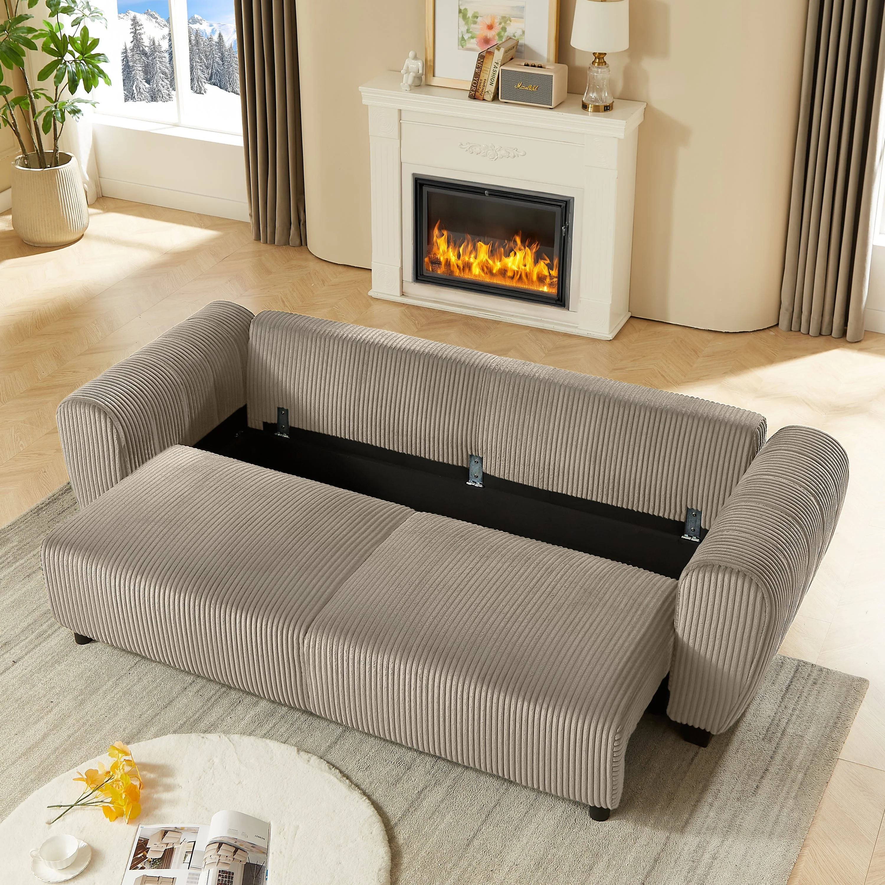Corduroy Upholstered 3-Seat Sofa Couch 2-in-1 Convertible Sleeper Sofa Light Brown - Image 5