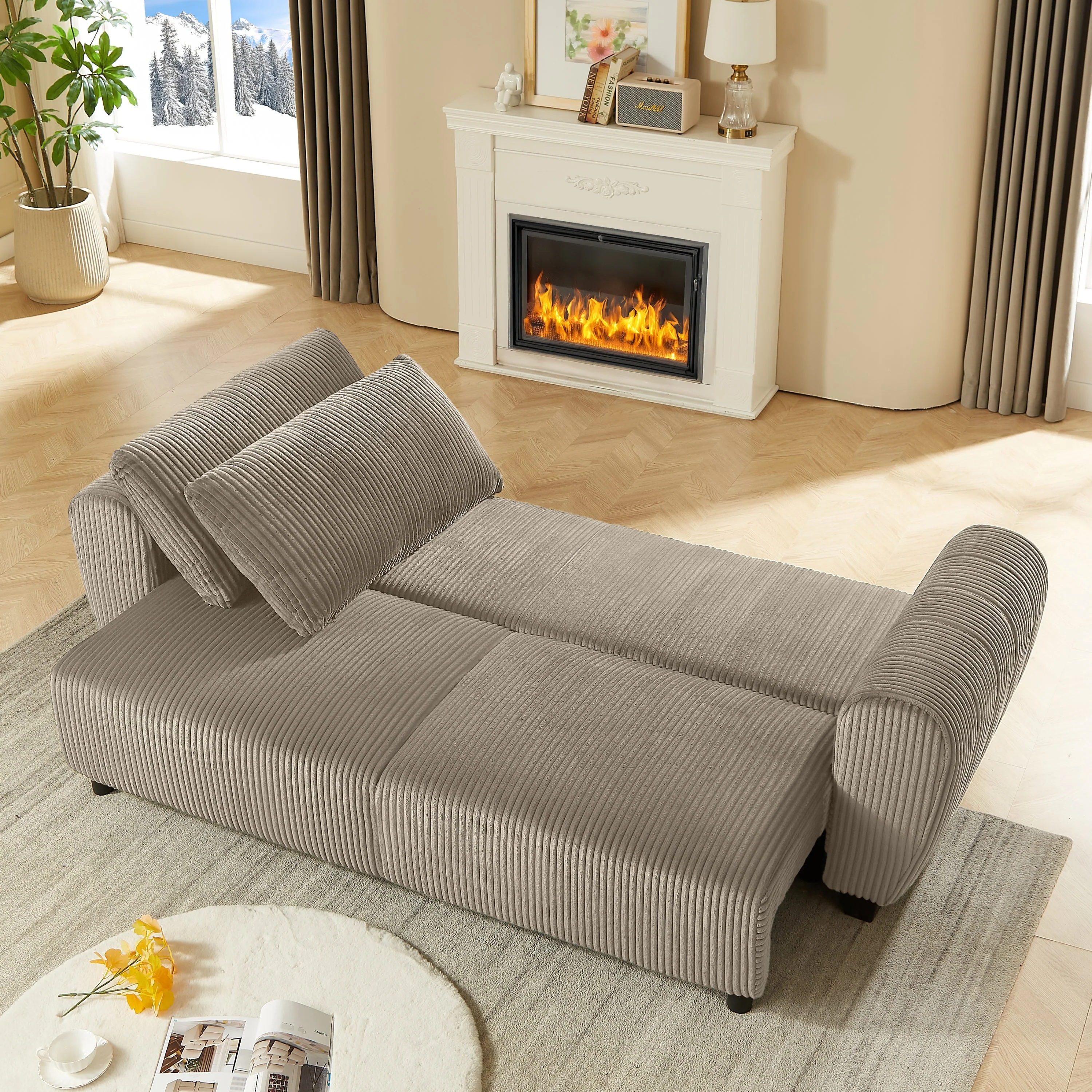 Corduroy Upholstered 3-Seat Sofa Couch 2-in-1 Convertible Sleeper Sofa Light Brown - Image 6
