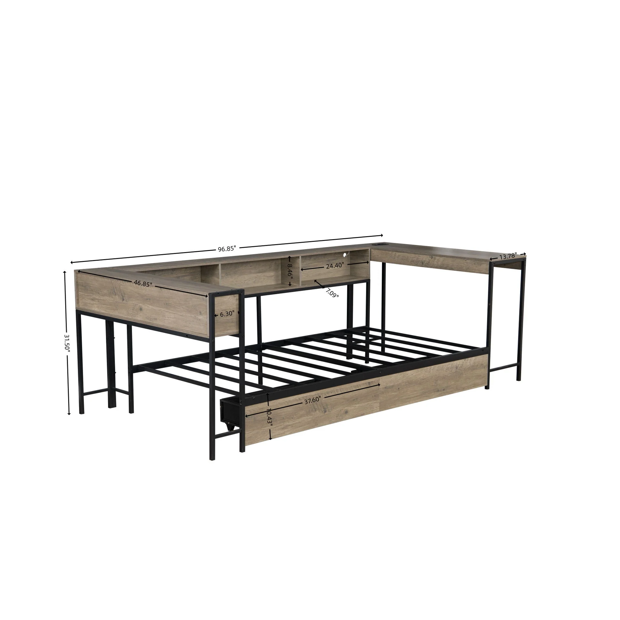 Corner Bed Frame Twin Size With Bookcase And 2 Underbed Storage Drawers, Modern Twin Bed With LED Light And Charging Station, Modern Daybed Reversible Left Or Right - Gray - Image 2
