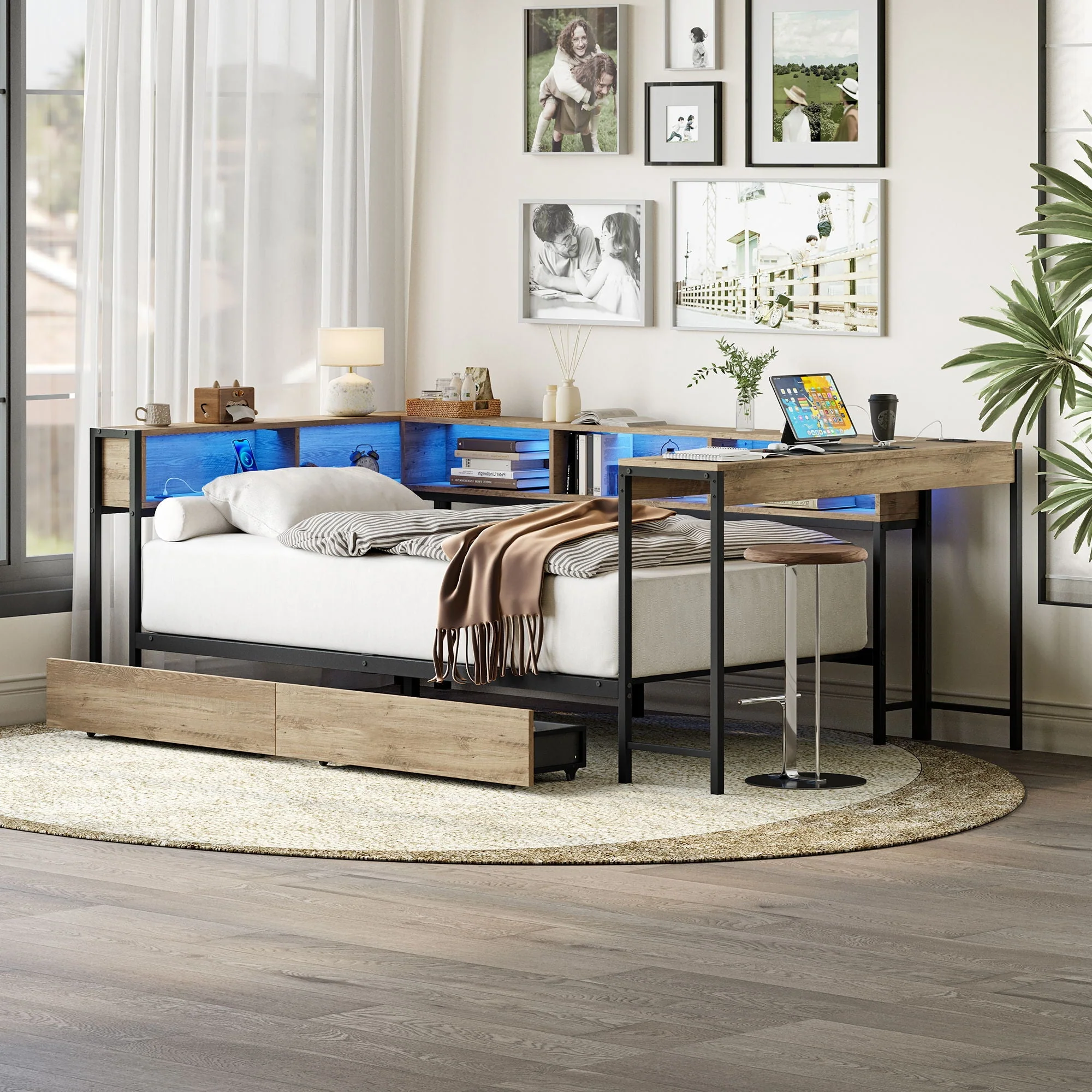 Corner Bed Frame Twin Size With Bookcase And 2 Underbed Storage Drawers, Modern Twin Bed With LED Light And Charging Station, Modern Daybed Reversible Left Or Right - Gray - Image 3