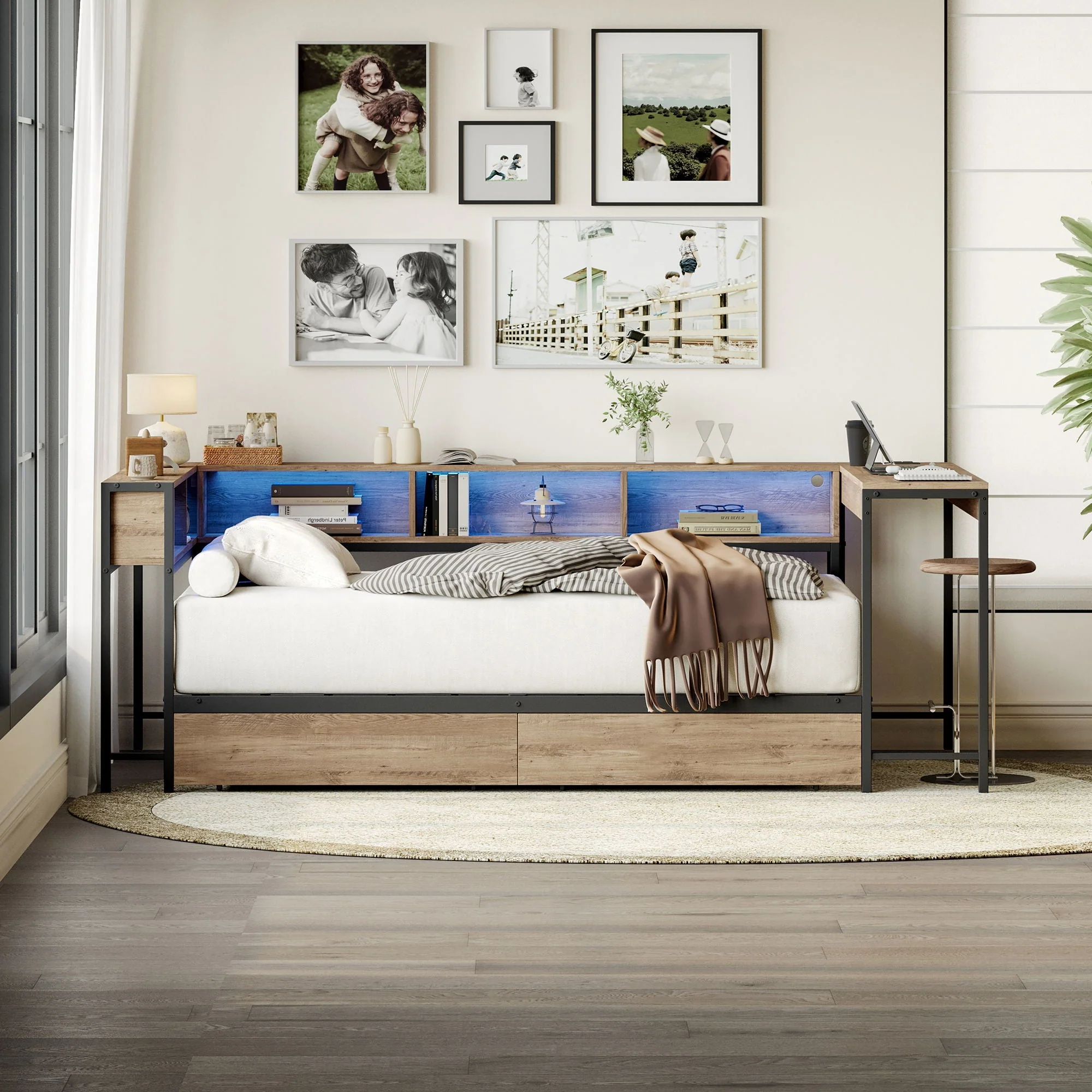 Corner Bed Frame Twin Size With Bookcase And 2 Underbed Storage Drawers, Modern Twin Bed With LED Light And Charging Station, Modern Daybed Reversible Left Or Right - Gray - Image 4