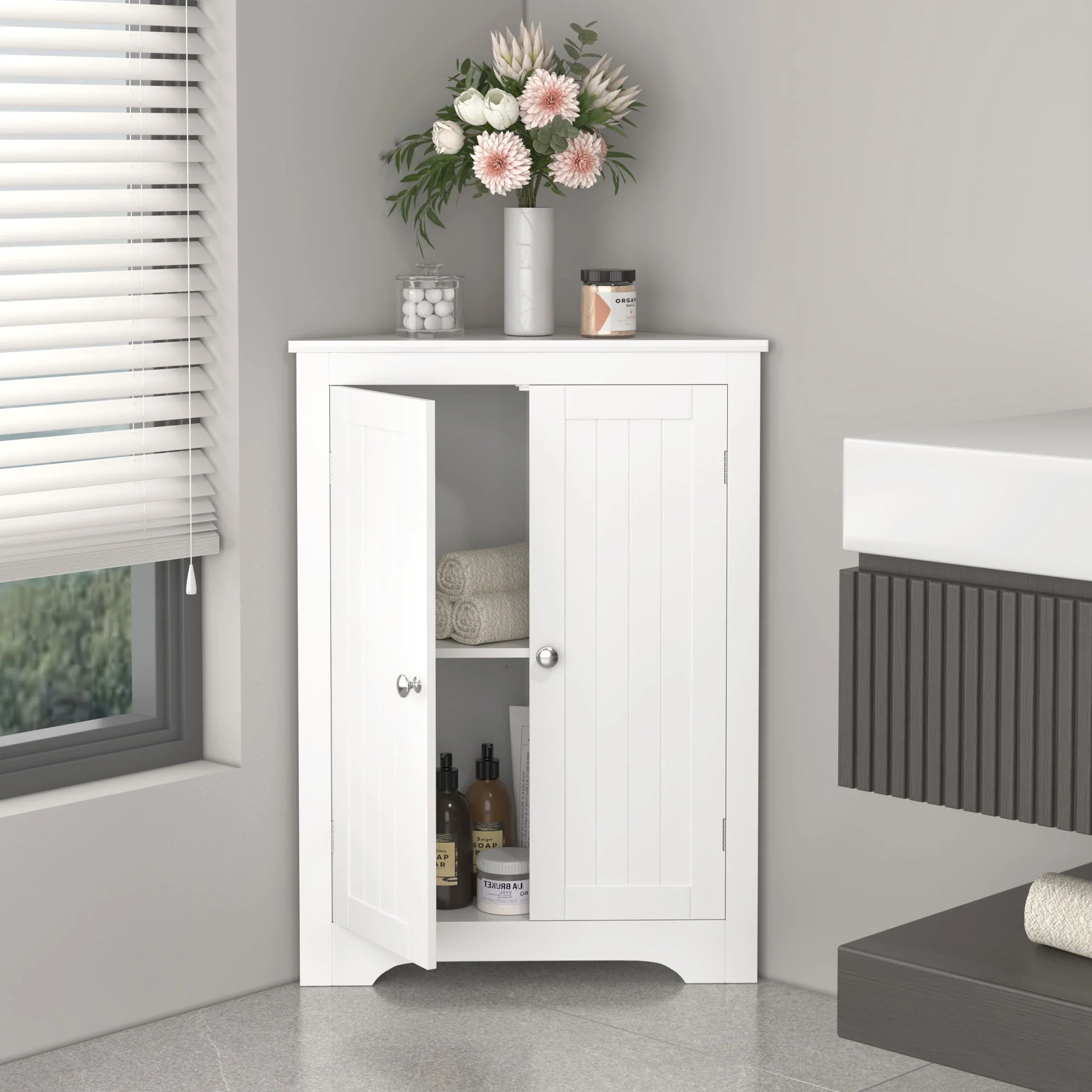 Corner Cabinet With 2 Doors And Adjustable Shelves, Freestanding Narrow Storage Organizer For Bathroom - White - Image 3