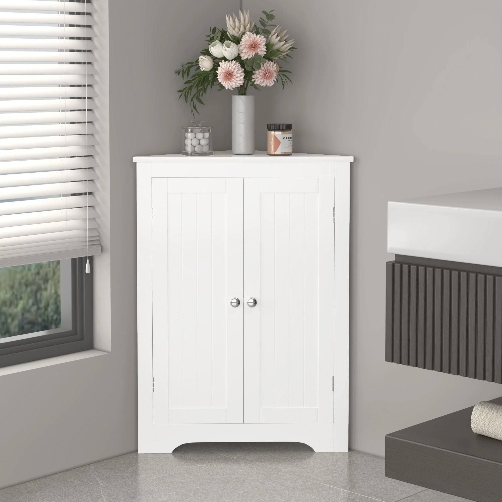 Corner Cabinet With 2 Doors And Adjustable Shelves, Freestanding Narrow Storage Organizer For Bathroom - White - Image 4