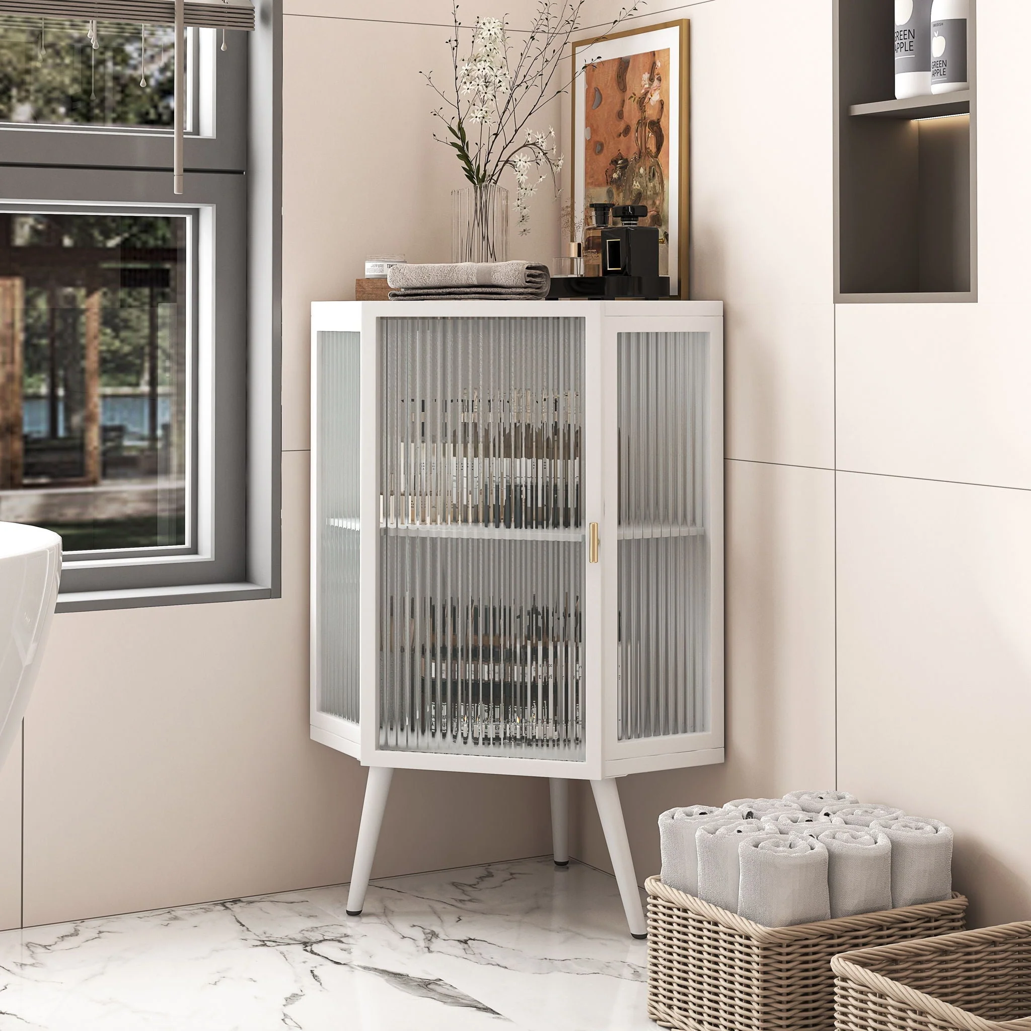 Corner Cabinet With Door And Shelves For Bathroom - White - Image 2