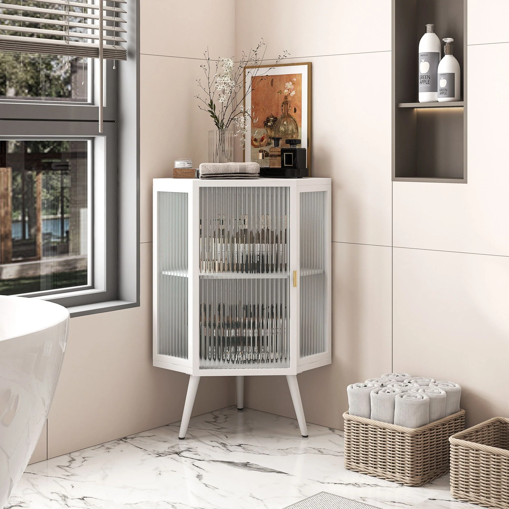 Corner Cabinet With Door And Shelves For Bathroom - White - Image 3
