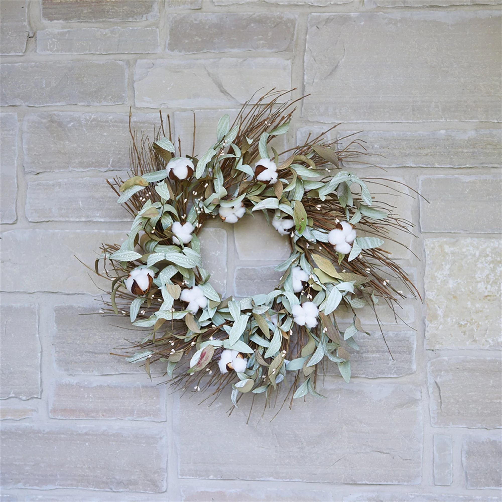 Cotton and leaf twig wreath 28"d - Image 2