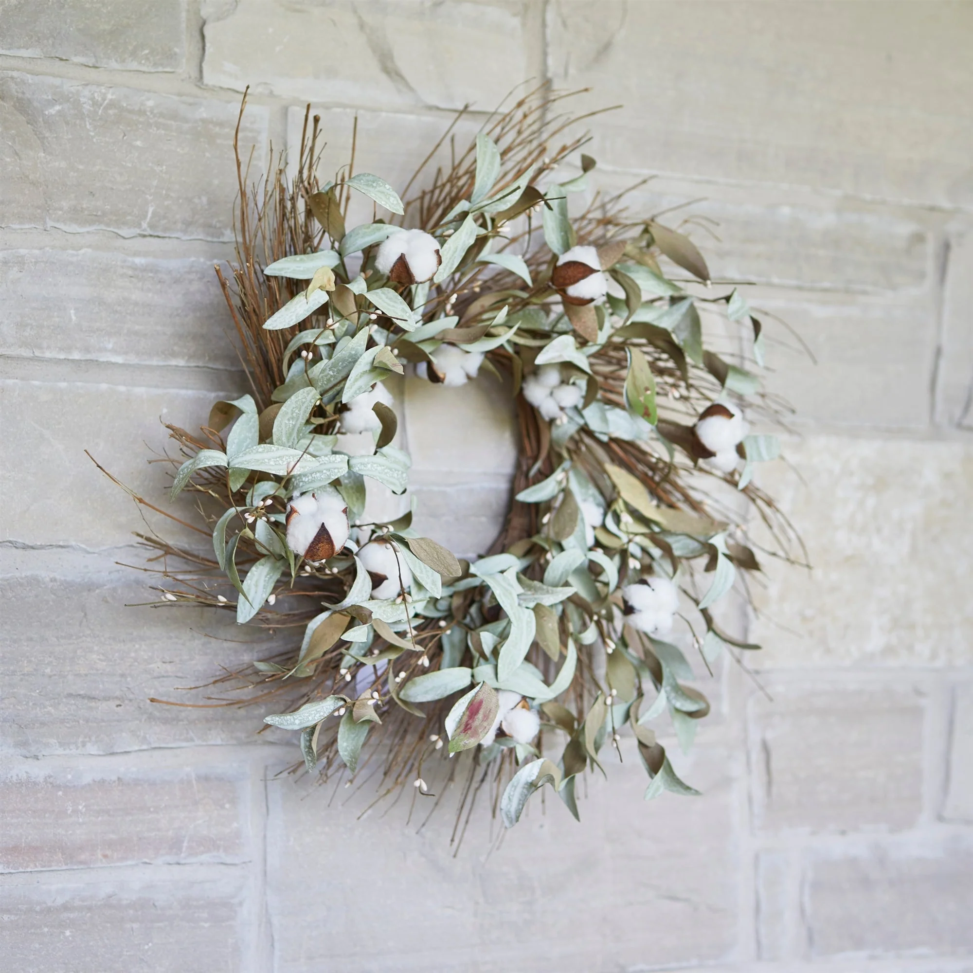 Cotton and leaf twig wreath 28"d - Image 3