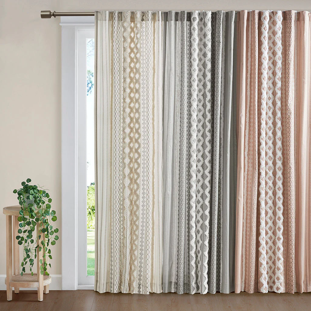 Cotton Printed Curtain Panel with Chenille Stripe and Lining Ivory 50x84 - Image 10
