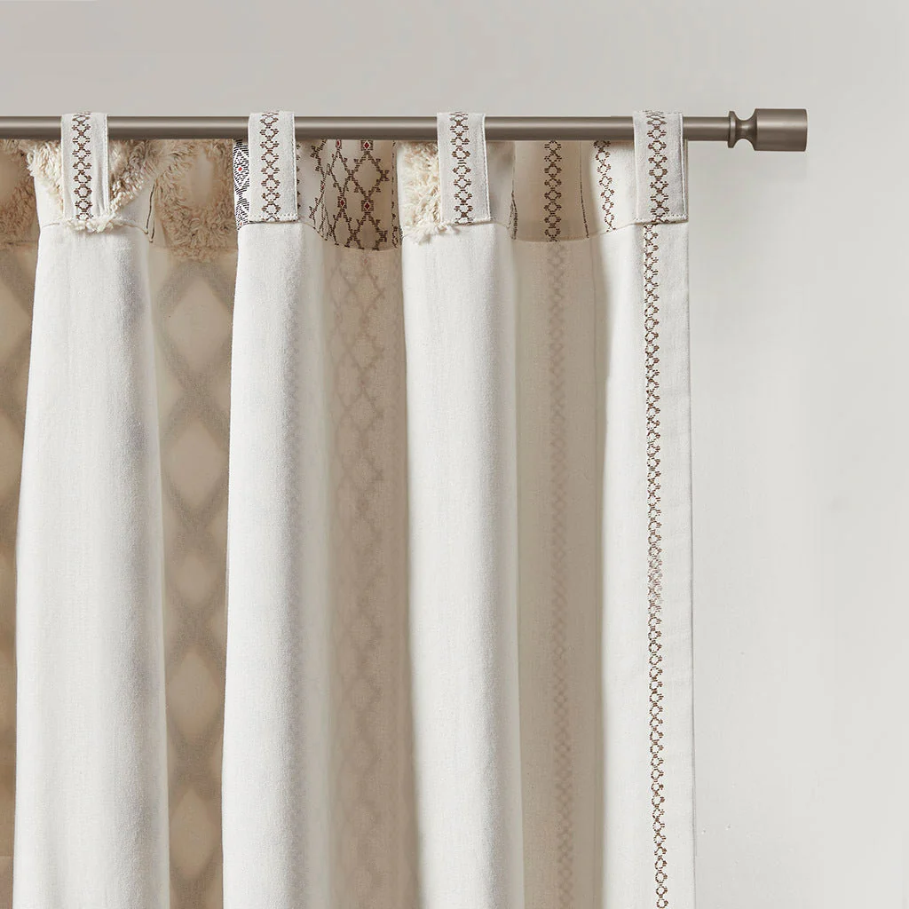 Cotton Printed Curtain Panel with Chenille Stripe and Lining Ivory 50x84 - Image 11