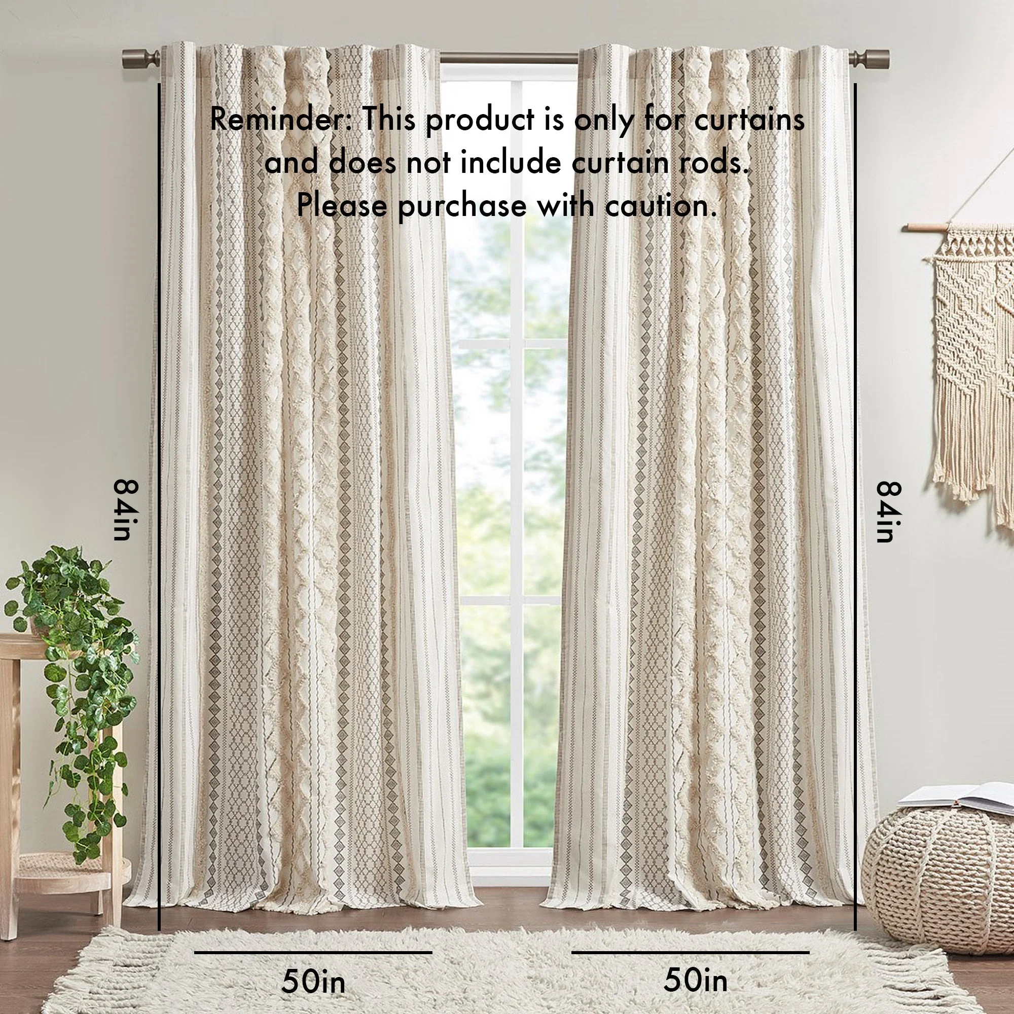 Cotton Printed Curtain Panel with Chenille Stripe and Lining Ivory 50x84 - Image 3