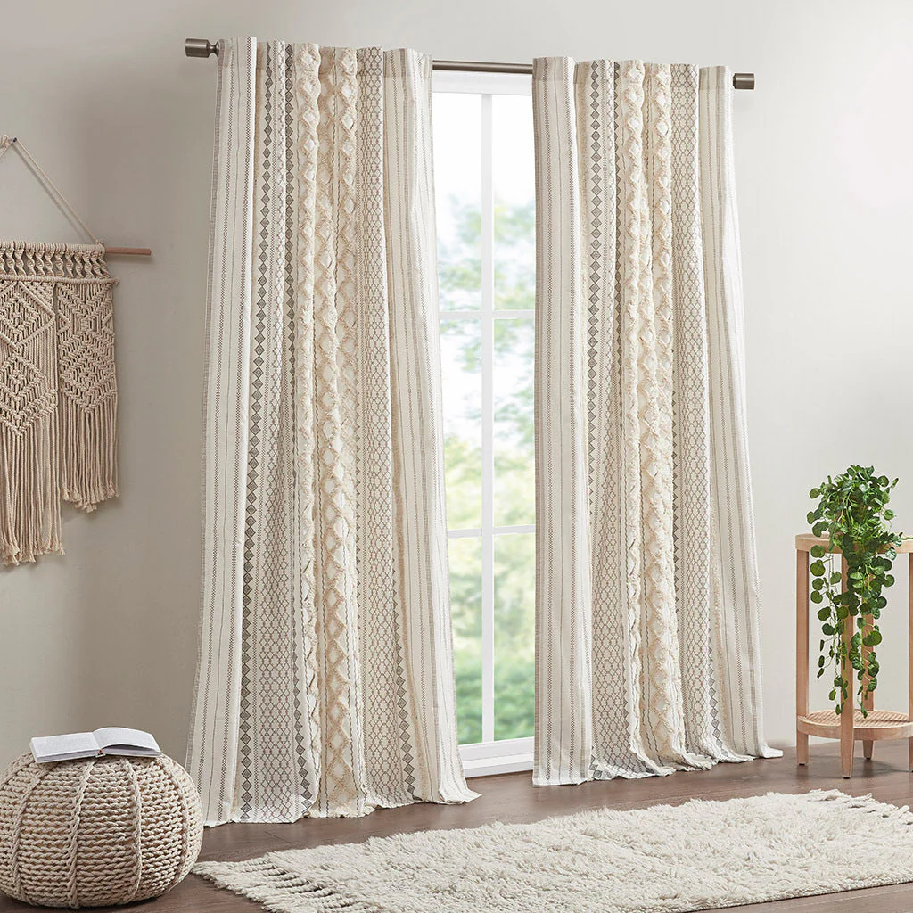 Cotton Printed Curtain Panel with Chenille Stripe and Lining Ivory 50x84 - Image 4