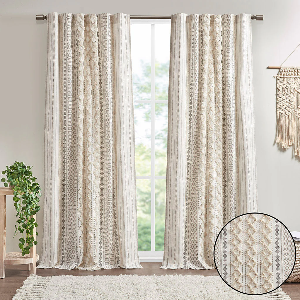 Cotton Printed Curtain Panel with Chenille Stripe and Lining Ivory 50x84 - Image 6