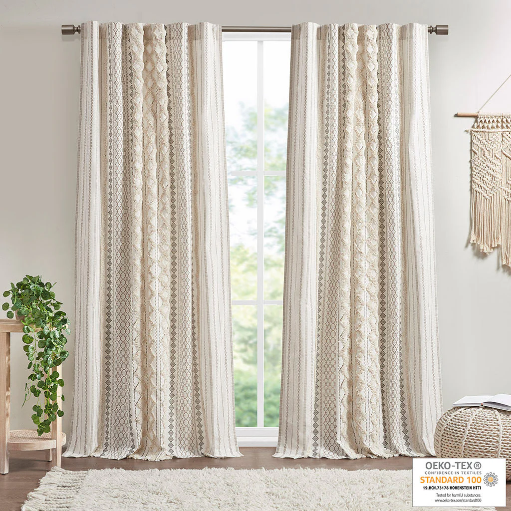 Cotton Printed Curtain Panel with Chenille Stripe and Lining Ivory 50x84 - Image 7