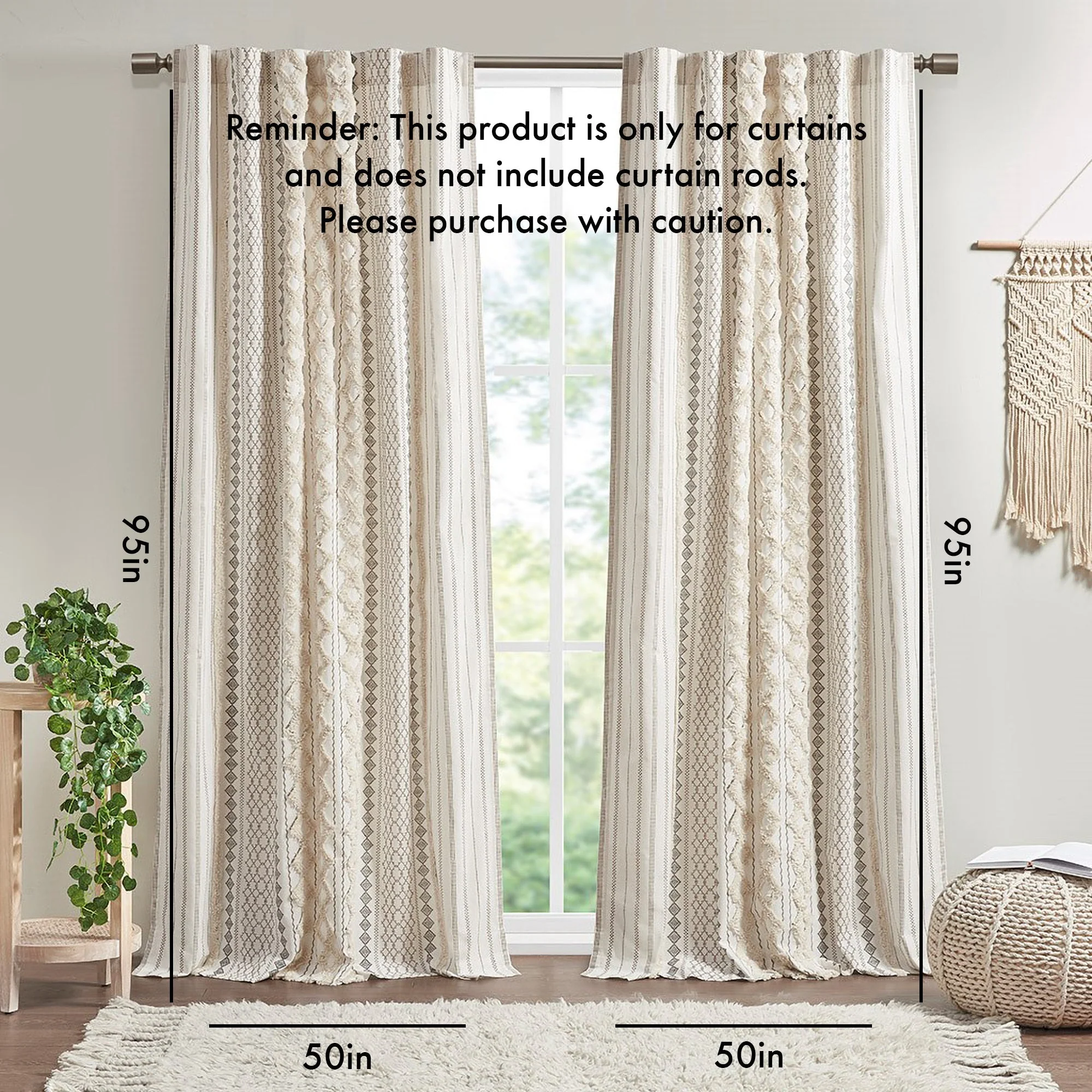 Cotton Printed Curtain Panel with Chenille Stripe and Lining Ivory 50x95 - Image 2