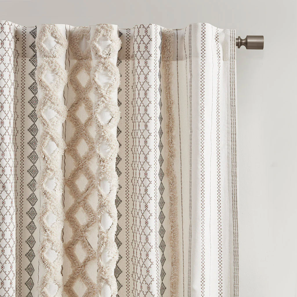 Cotton Printed Curtain Panel with Chenille Stripe and Lining Ivory 50x95 - Image 5