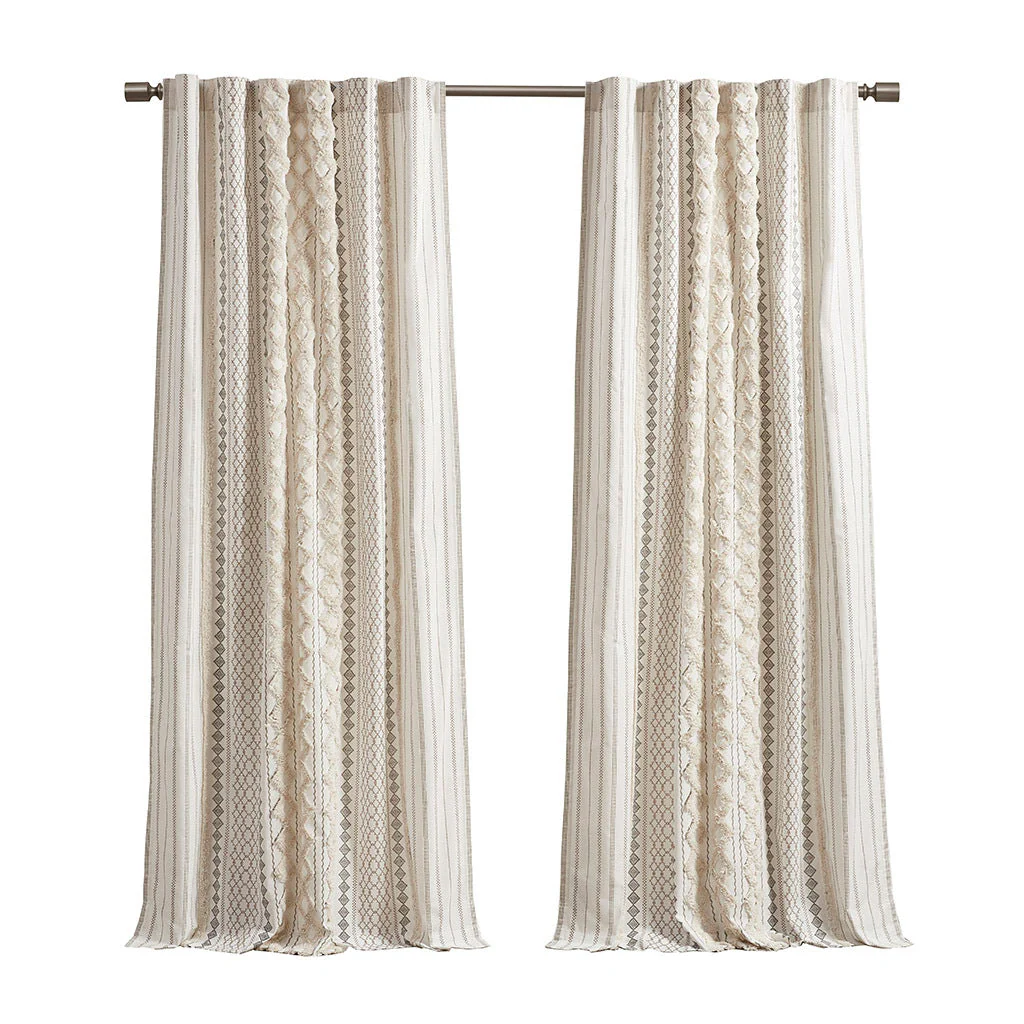 Cotton Printed Curtain Panel with Chenille Stripe and Lining Ivory 50x95 - Image 6