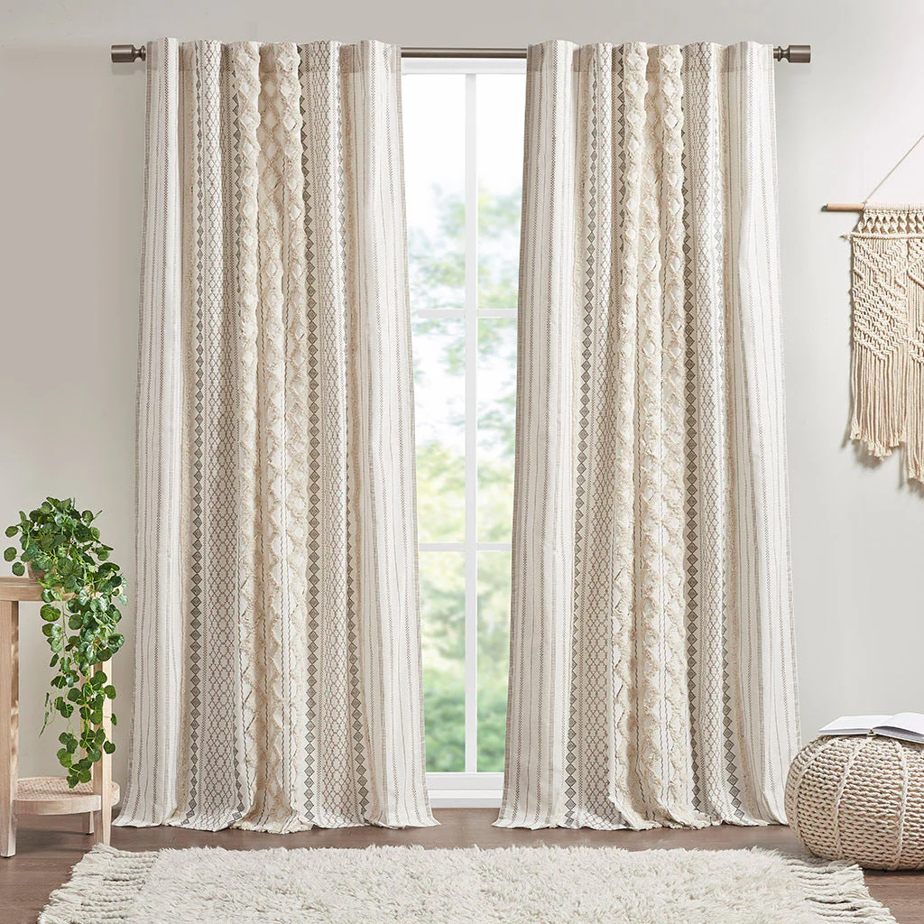 Cotton Printed Curtain Panel with Chenille Stripe and Lining Ivory 50x95 - Image 7