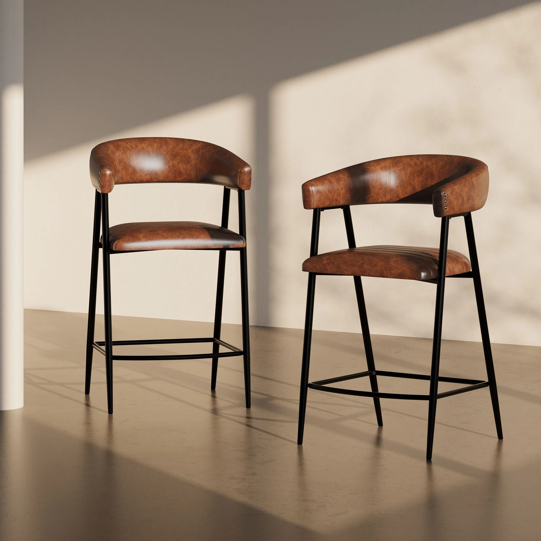 Counter Stools (Set of 2), Upholstered with Iron Frame in Brown - Image 3