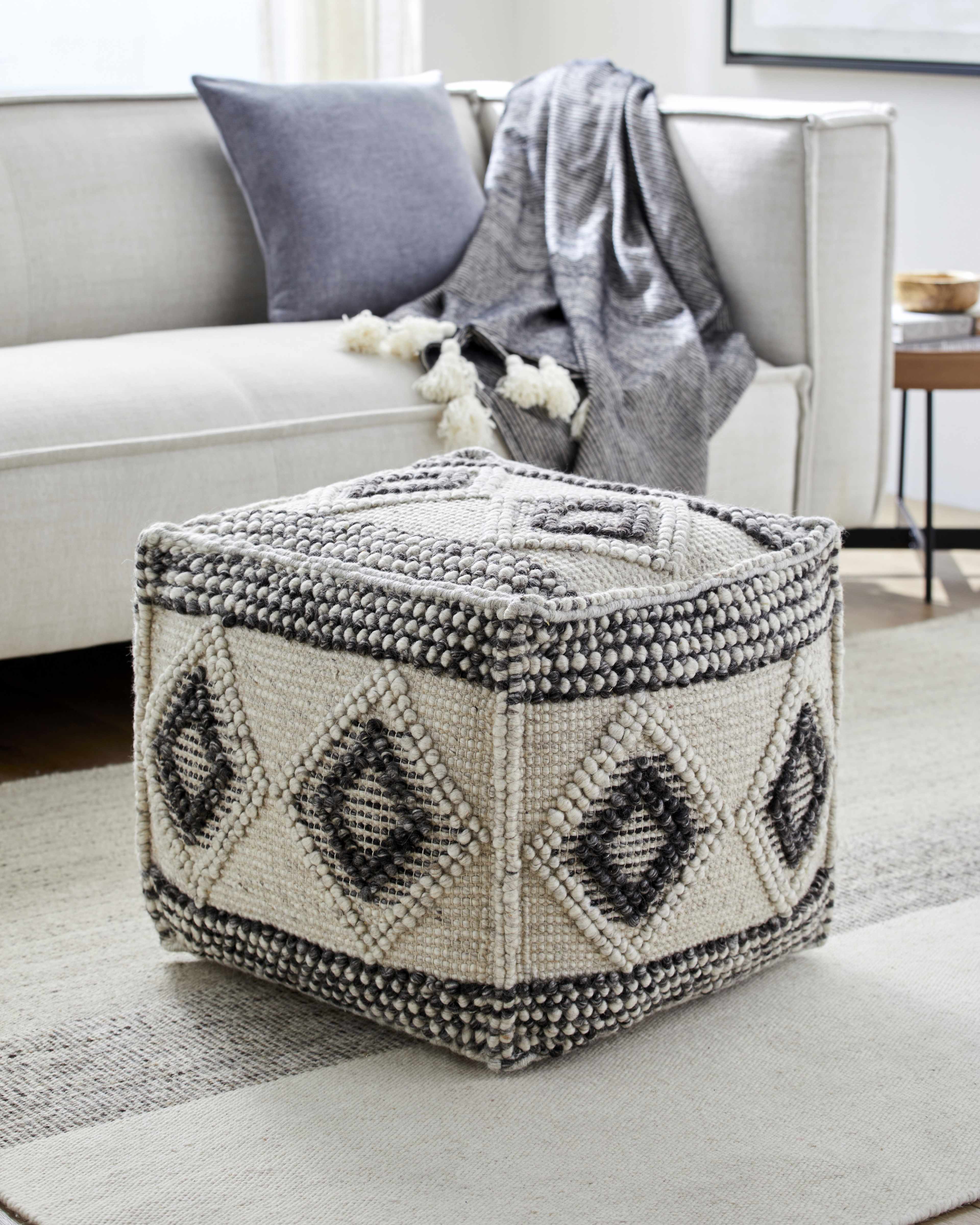 Cowanesque Beige Diamond-Patterned Square Pouf - Image 2