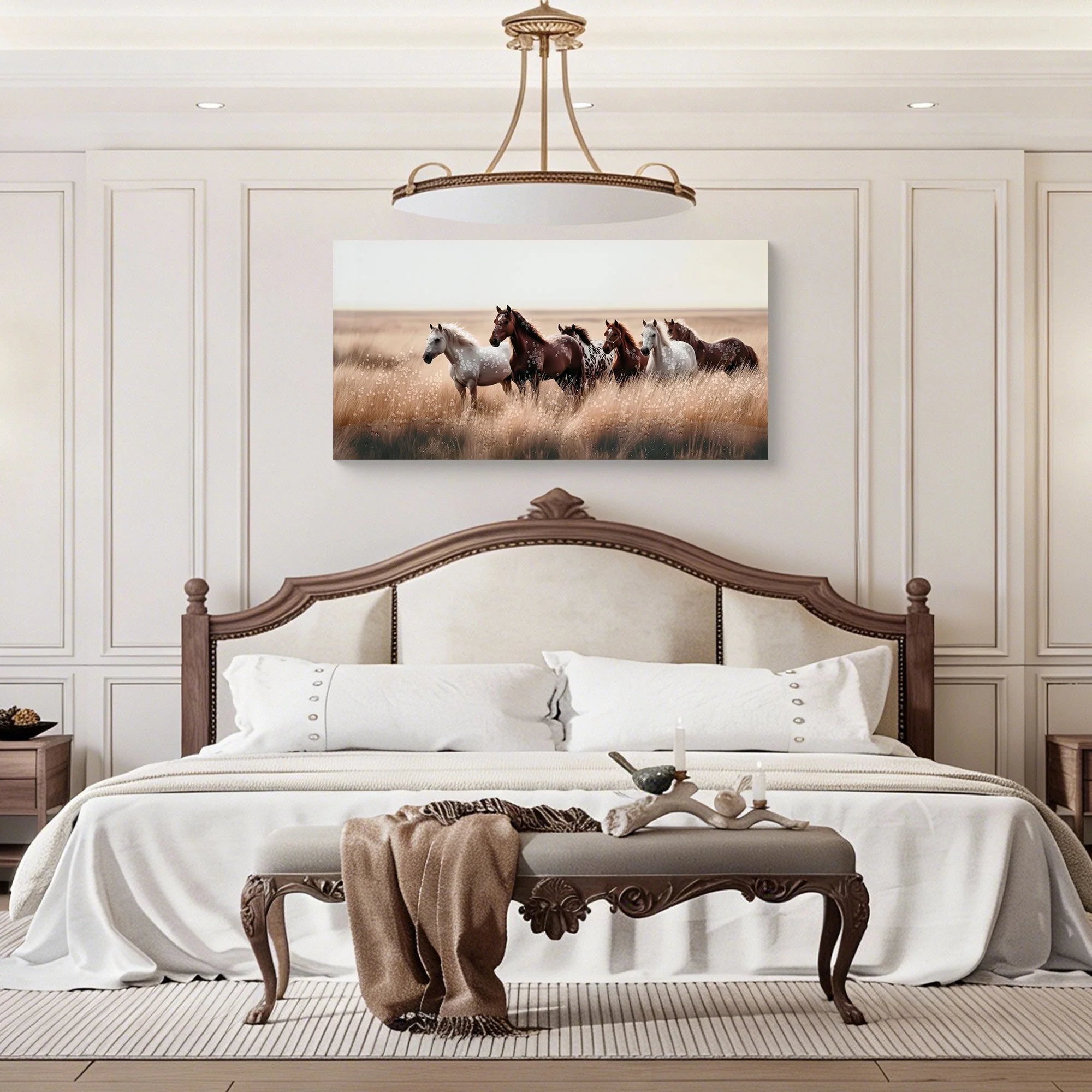 Cozy Country Rustic Horses Wall Art Decor: Western Farm Equine Canvas Picture Wild Animals Walking on Empty Grassland Farmhouse Ponies Portrait Painting Artwork for Living Room Bedroom 40' x 20' - Image 2