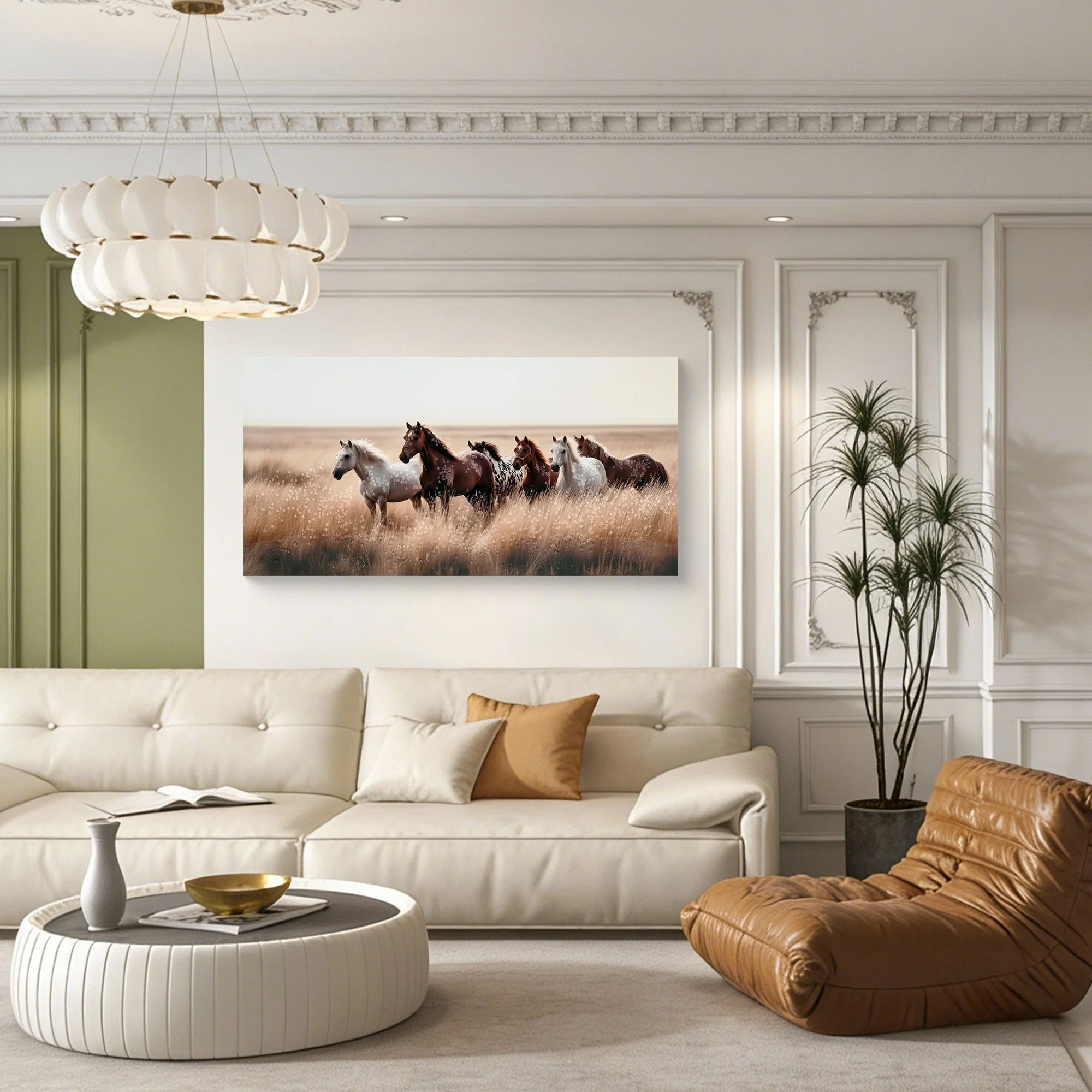 Cozy Country Rustic Horses Wall Art Decor: Western Farm Equine Canvas Picture Wild Animals Walking on Empty Grassland Farmhouse Ponies Portrait Painting Artwork for Living Room Bedroom 40' x 20' - Image 5