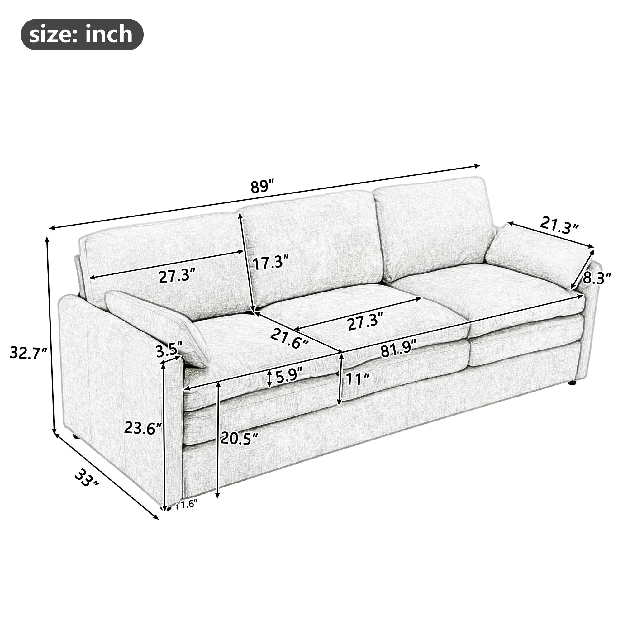 Cozy Upholstered 3 Seater Sofa With Double Cushion - Image 8