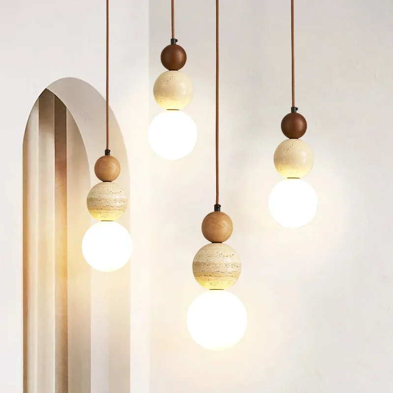 Cream Style LED Pendant Light Bauhaus Stone Wood Hanging Lamp for Bedroom Bar - Image 3