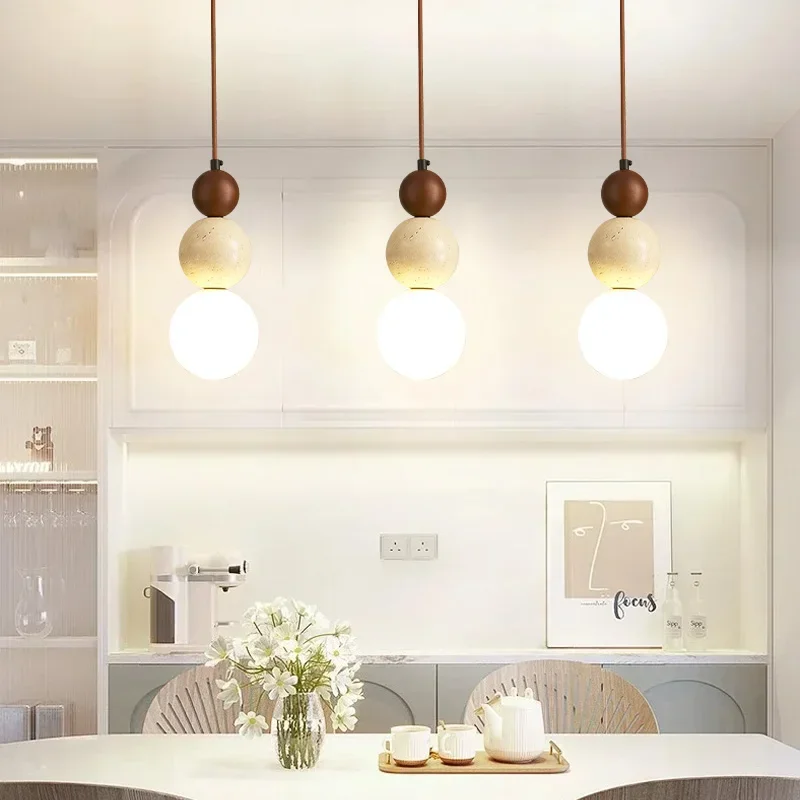Cream Style LED Pendant Light Bauhaus Stone Wood Hanging Lamp for Bedroom Bar - Image 4