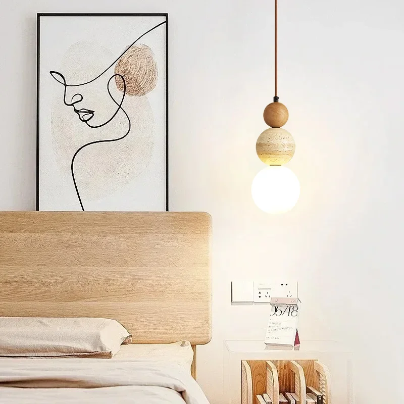 Cream Style LED Pendant Light Bauhaus Stone Wood Hanging Lamp for Bedroom Bar - Image 5