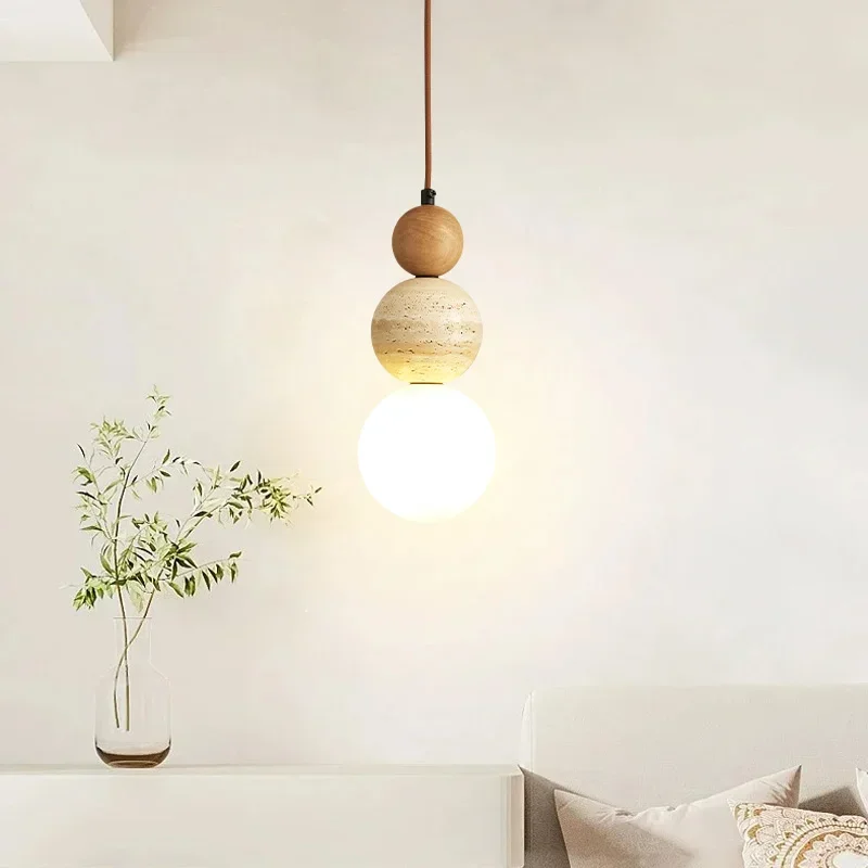 Cream Style LED Pendant Light Bauhaus Stone Wood Hanging Lamp for Bedroom Bar - Image 6